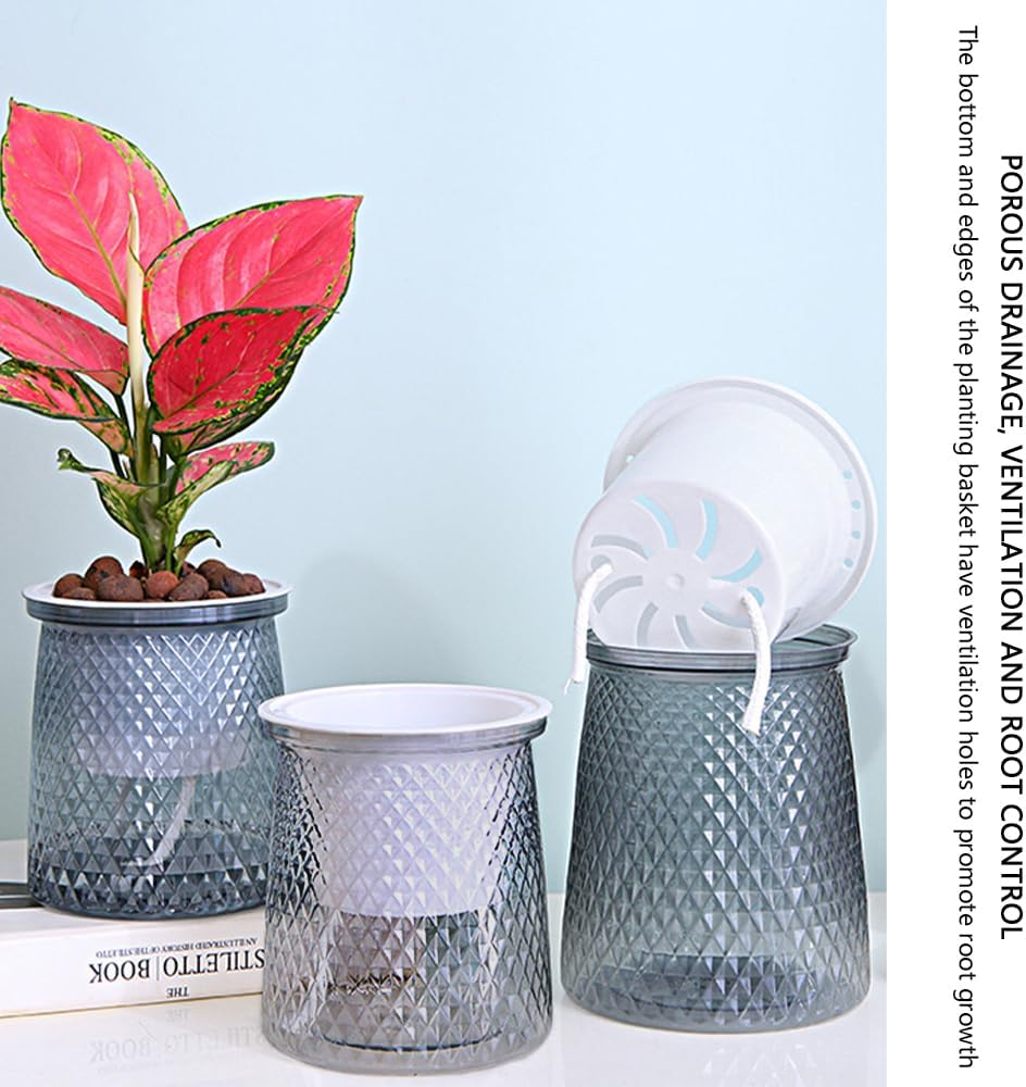 4PCS Self-Watering Planters &ndash; Transparent Double-Layer Indoor Flower Pots with Automatic Watering System &ndash; Diamond Design Plastic Planters for Orchids, Herbs, and Small Plants image number 3