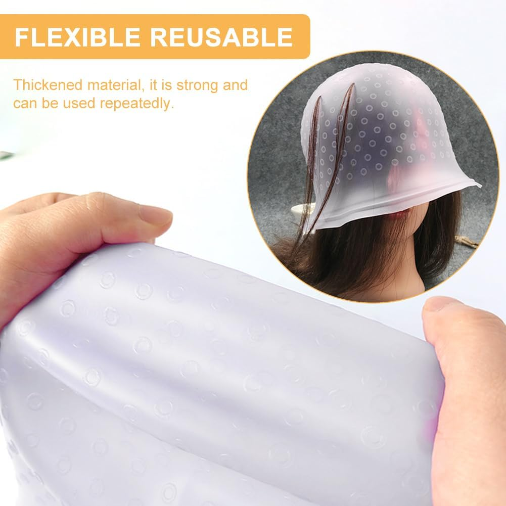 2Pcs Silicone Salon with Crochet Highlight Cap for Dying Hair Flexible Women Men(Color:Transparent White) image number 1