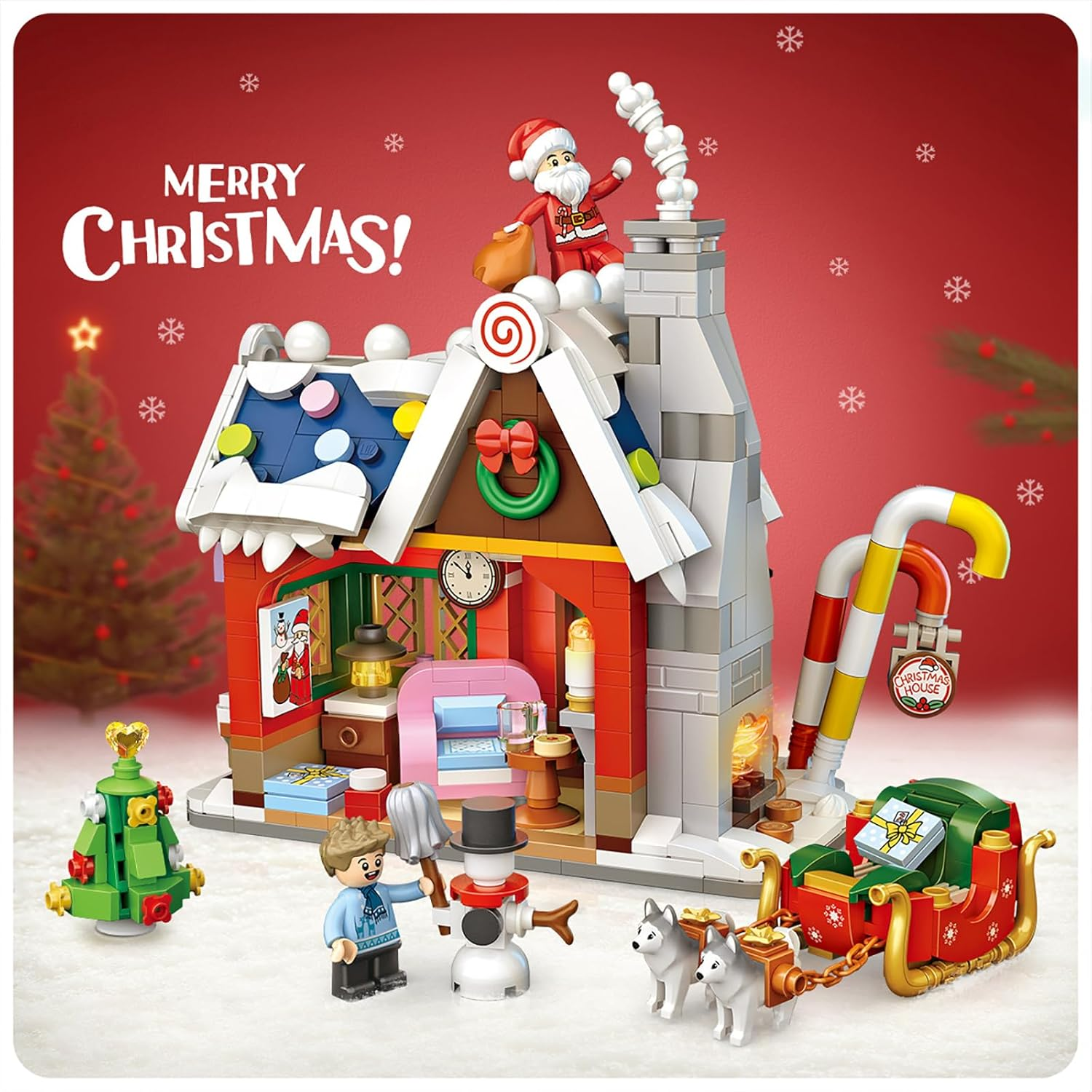 Christmas House Building Kit 788 PCS &ndash; Winter Holiday Village Santa Claus House with Sleigh, Dogs, Tree & Minifigures &ndash; Creative Construction Toys & Xmas Display image number 5