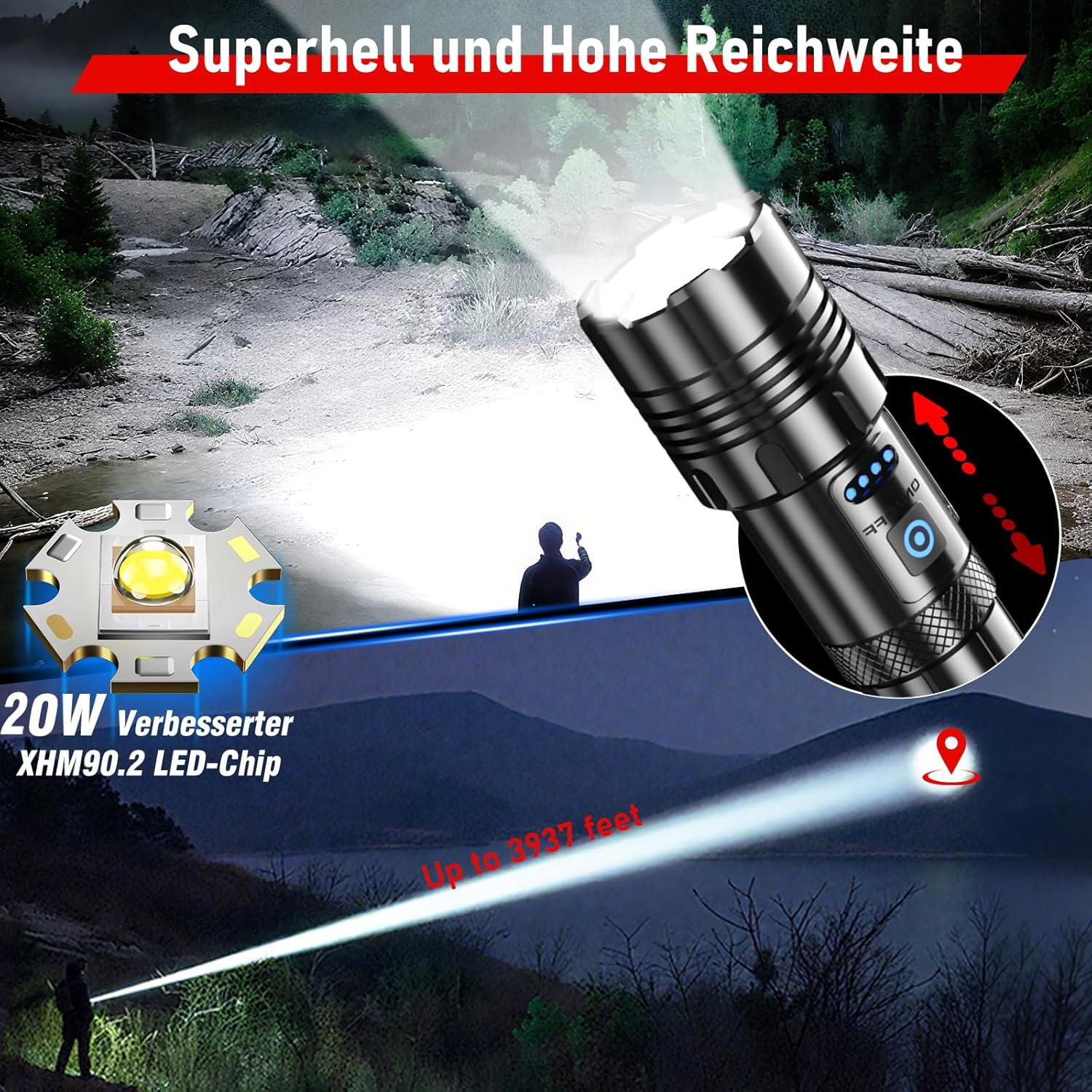 Shadowhawk LED Torch 500,000 Lumens, Extremely Bright Torch USB Rechargeable Tactical Torches with Holster XHP70.2, IP67 Waterproof, 5 Light Modes for Camping, Hiking, Emergencies