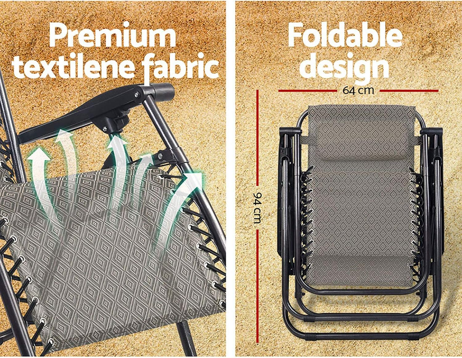 Gardeon Zero Gravity Portable Reclining Lounge Folding Outdoor Camping Beach Chair Beige - Black image number 7