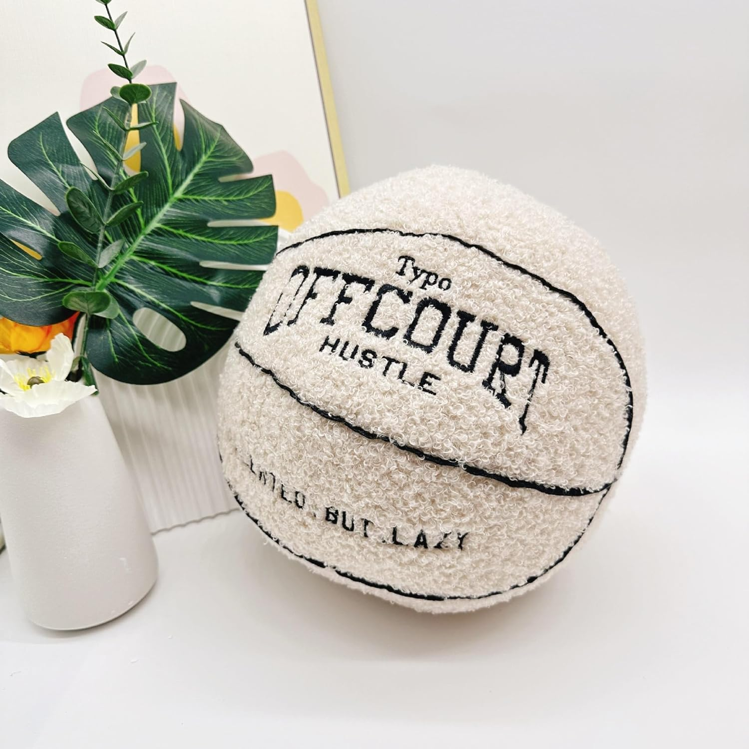 2023 New Offcourt Basketball Pillow, 11" Shaped Teddy Fleece Embroidered Throw Pillow, Fuzzy Plush Toy Gifts for Kids Boys Girls (Beige) - Beige image number 2