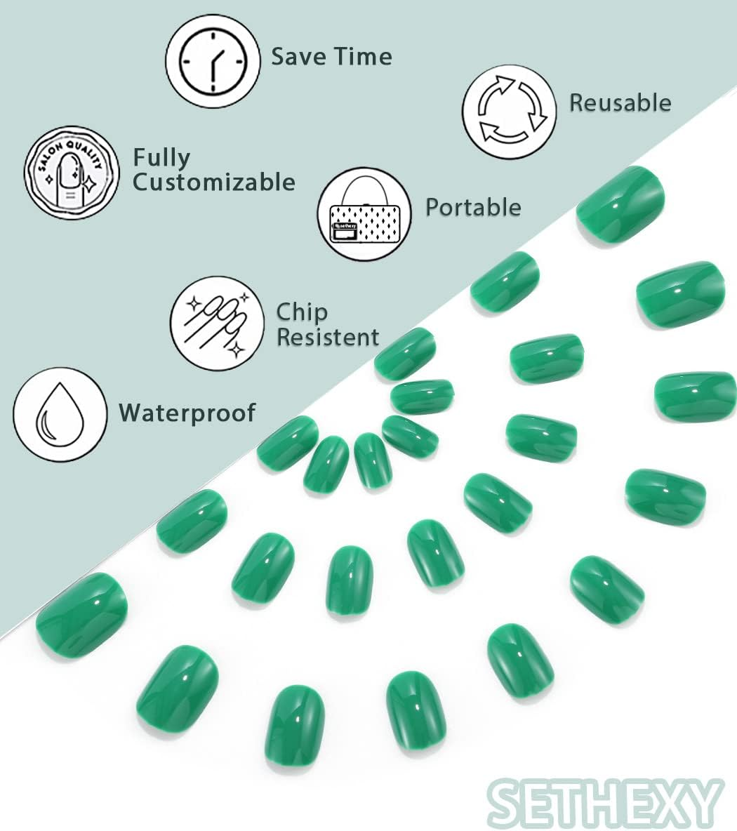 Sethexy Short Square Green False Nails Glossy Pure Color Collection Press on Nails 24Pcs Full Cover Acrylic Stick on Nails for Women and Girls image number 1