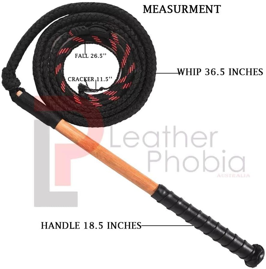 Indiana Jones Equestrian Bull Whip Stock Whip 4 Ft Long and 12 Plaits Leather Phobia Bullwhip Black and Red Para Cord Nylon Whip image number 3