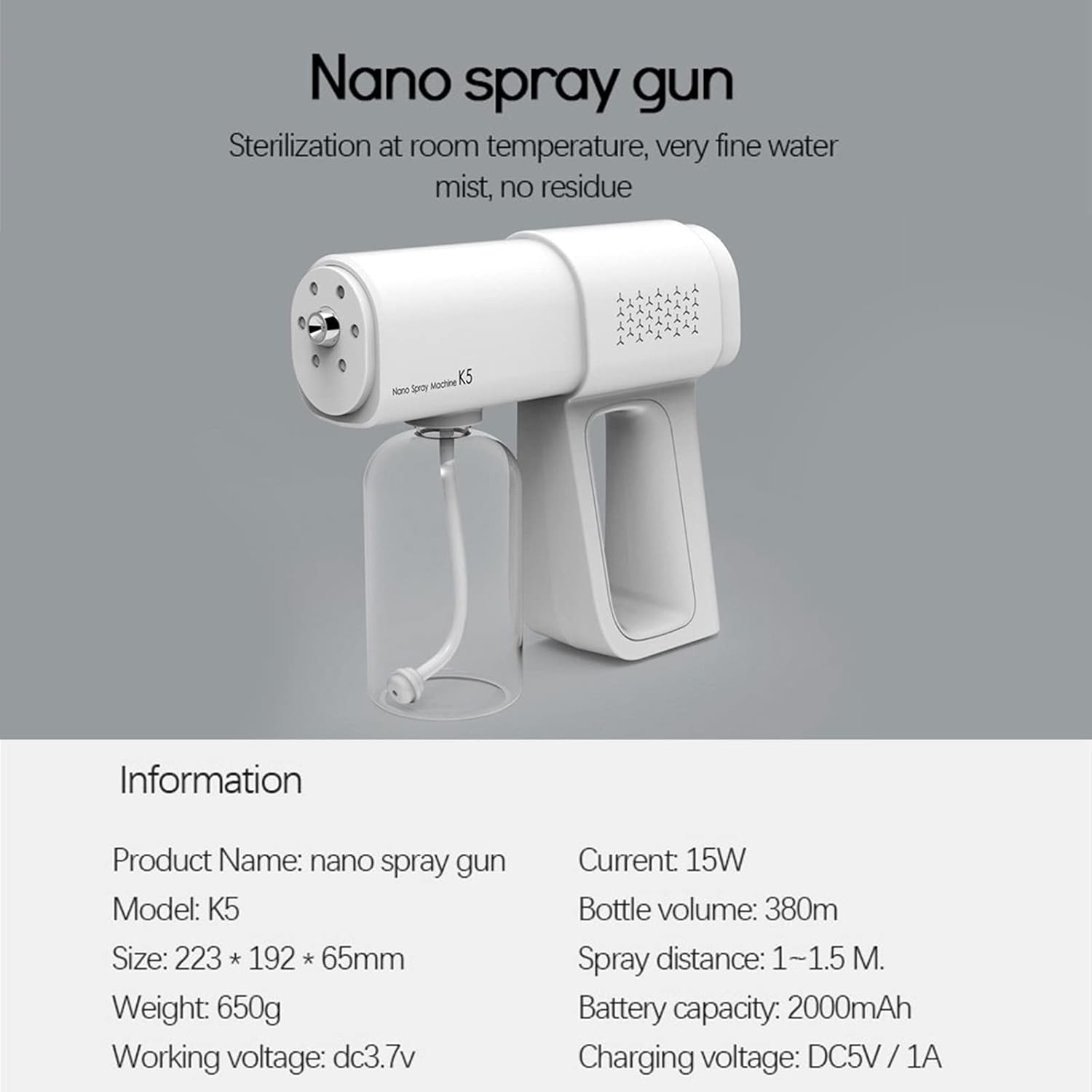 K5 Portable Handheld Blue Light Ant Atomizer Sprayer Wirel Mist Stream Fogger 380Ml Electric Sprayer Nozzle Air Humidifier for Ion Deodorization Air Humidification