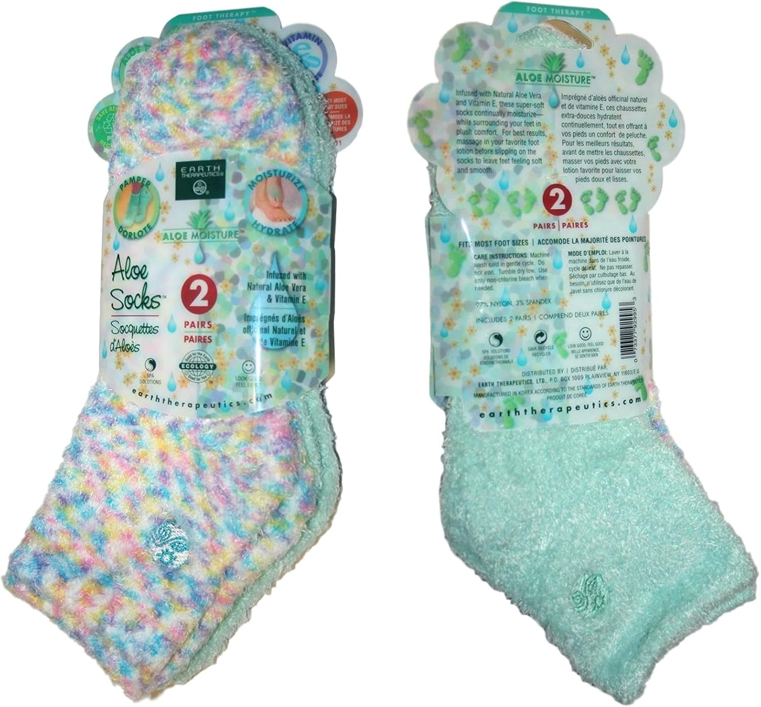 Earth Therapeutics Aloe Socks, 2 Pair per Package (1 Pair Multi-Coloured, One Pair Aqua) image number 1