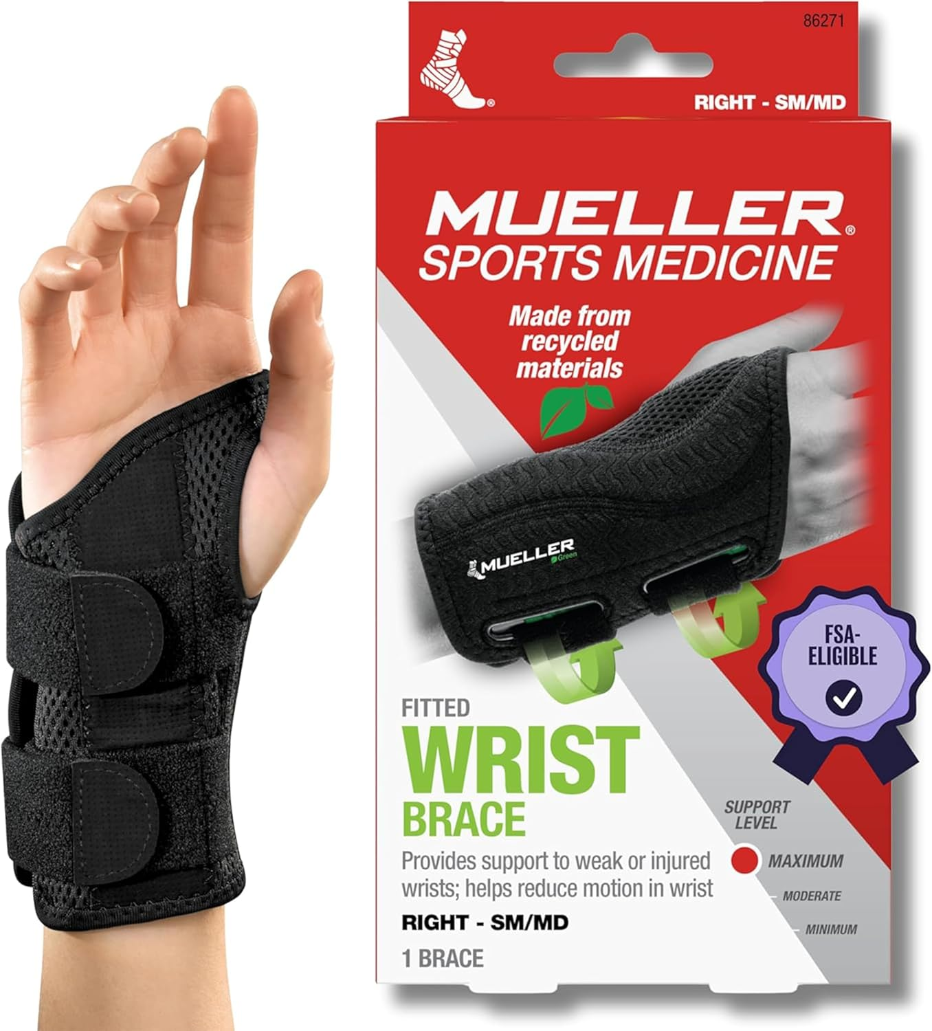 Mueller Green Fitted Wrist Brace for Right Hand, Black Small/Medium image number 1