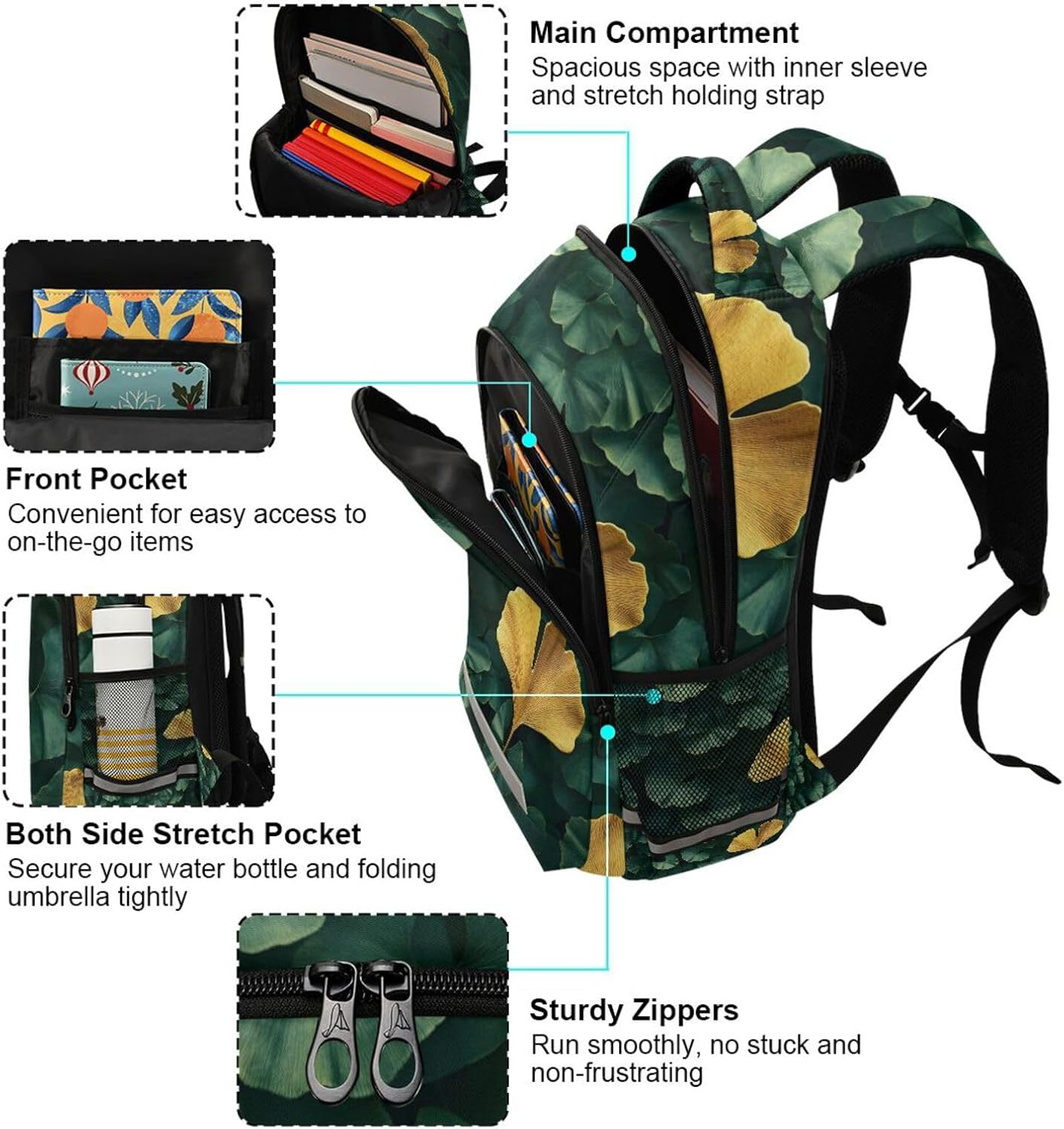 AIXIWAWA Travel Backpack (Ginkgo Green Gold) for Women Men, Laptop Backpack Daypacks with Padded Straps and Back 11.6&times;4.9&times;16.7 IN, Multicolor, 11.6&times;6.9&times;16.7Inch image number 4