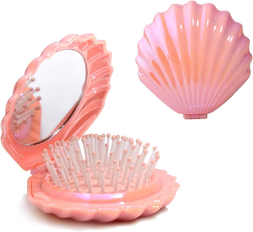 Maji Mama Foldable Travel Hair Brushes with Mirror Shell Shape Portable Folding Pocket Hair Brush Mini Hair Comb Compact Size Hair Massage Comb (Pink)