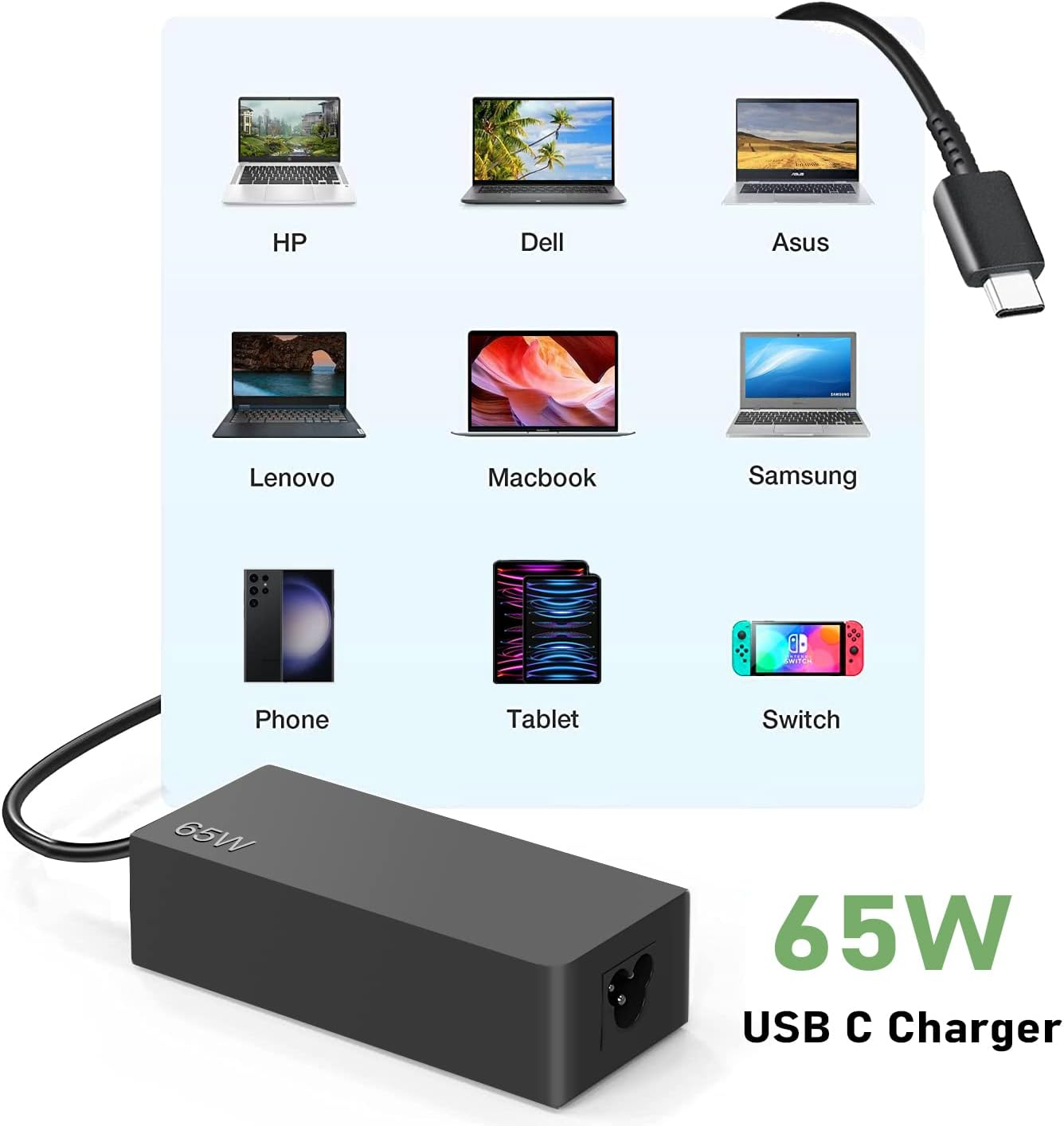 65W 45W USB C Laptop Charger for Chromebook Lenovothinkpad T480 T490 Yoga, Dell Latitude, HP Elitebook X360 ASUS Zenbook Type C 20V 3.25A USB-C AC Adapter Power Supply Cord image number 2