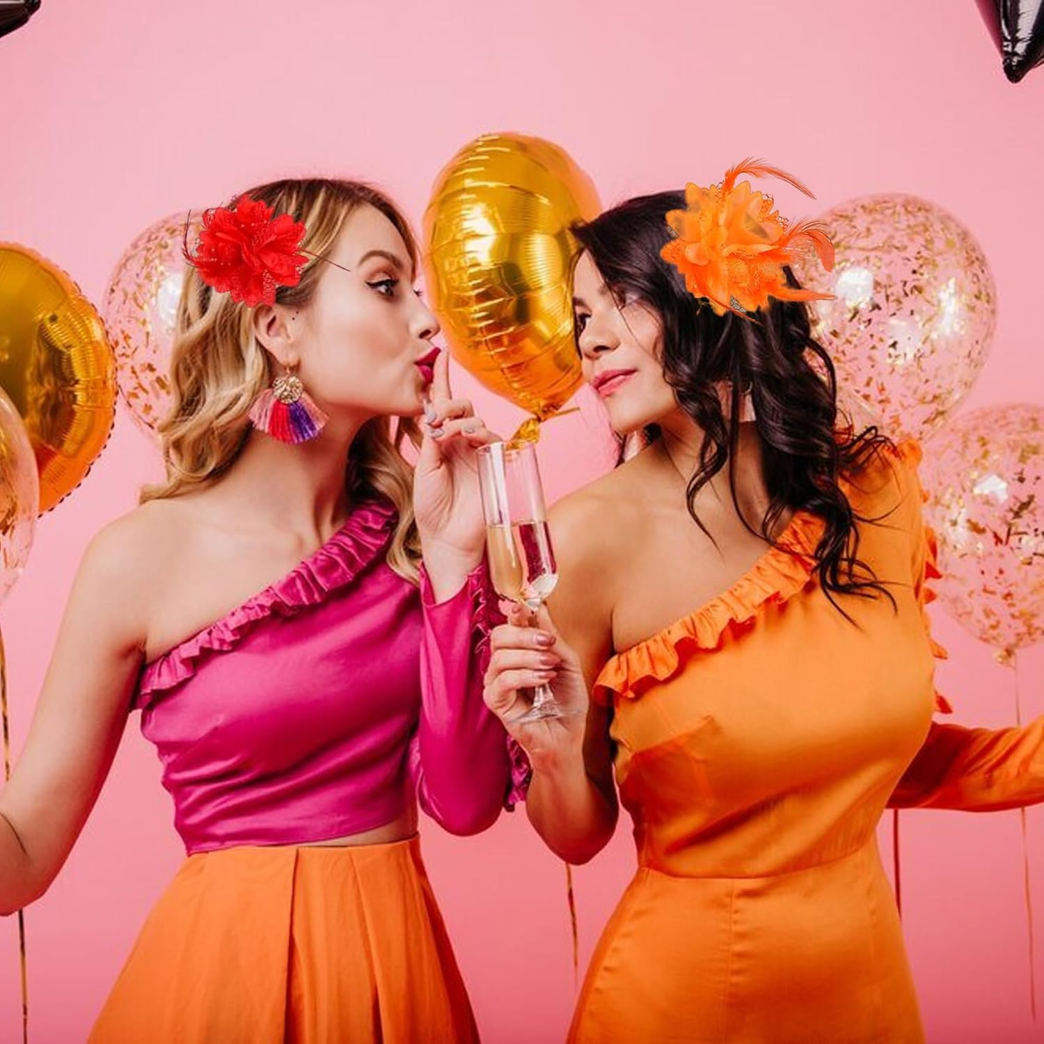 Pack of 2, Feather Flower Hair Clips, Orange Flowers 20S Hair Accessories, Women'S Feather Hair Clips, Cocktail Headwear, Women, for Carnival, Halloween, Cocktail, Wedding, Tea Party Accessories image number 4