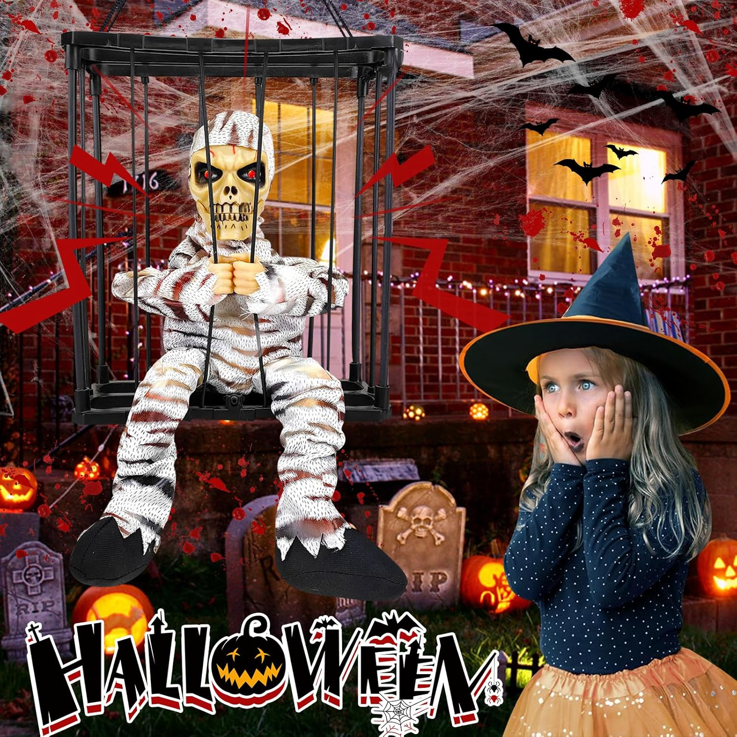 Screaming Animated Halloween Decorations, Halloween Decor Prop with Motion Sensor, Scary Skull Cage Prisoner Haunted House Decor, Spooky Hanging Ghost Eyes Glow Decorations (Color D) image number 6