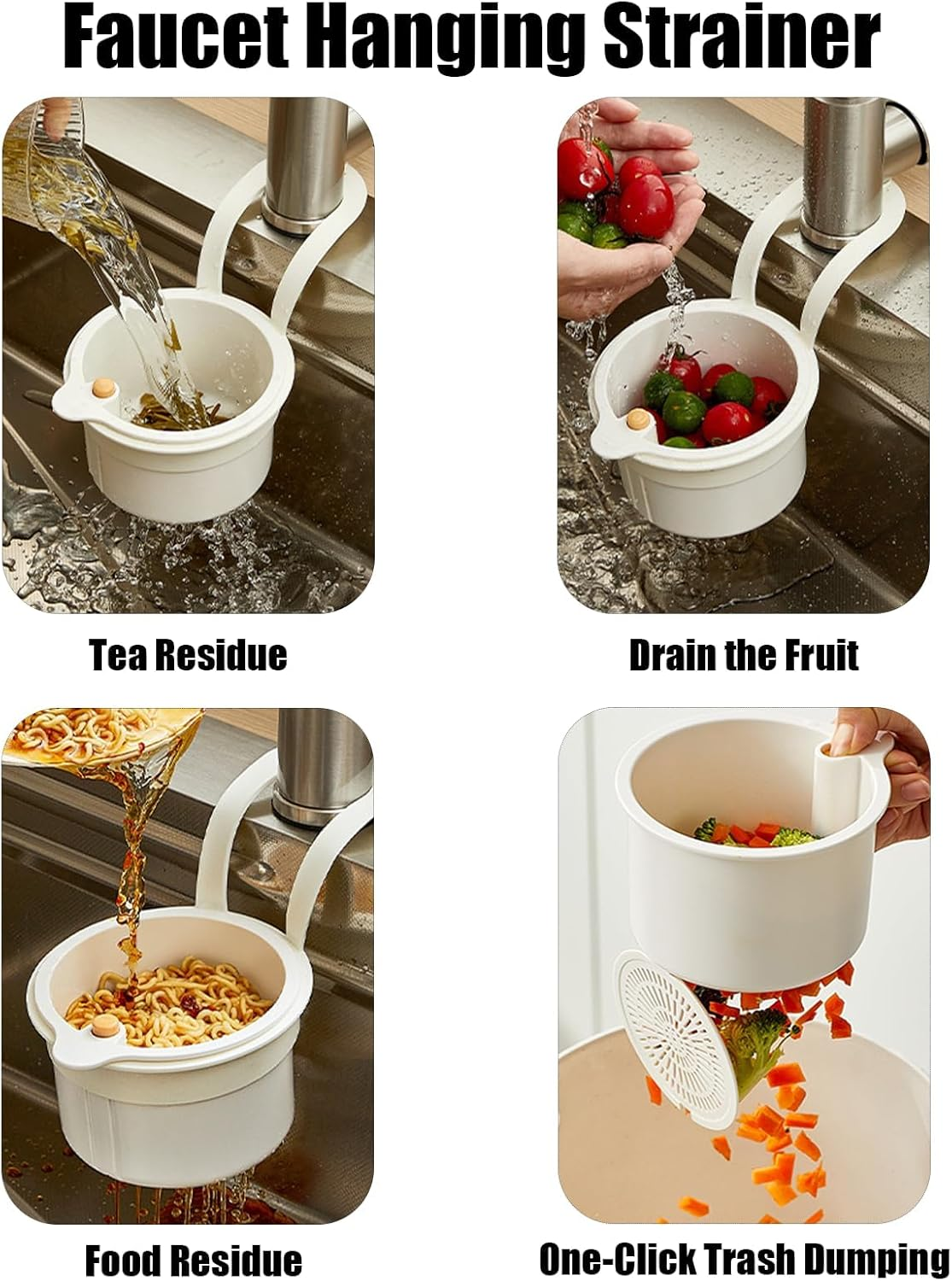 Hanging Silicone Sink Strainer Basket, Food Waste Drain Basket with Handle, Kitchen Garbage Filter Holder for Sink (White)