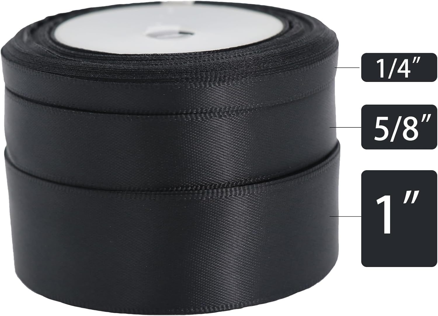 Black Satin Ribbon Double Faced Ribbon 3 Rolls (1/4 Inch, 5/8 Inch, 1 Inch), Fabric Ribbon Use for Gift Wrapping, Wedding Party Decoration, Hair Bows, DIY Crafts, Total 30 Yards - Gold image number 2