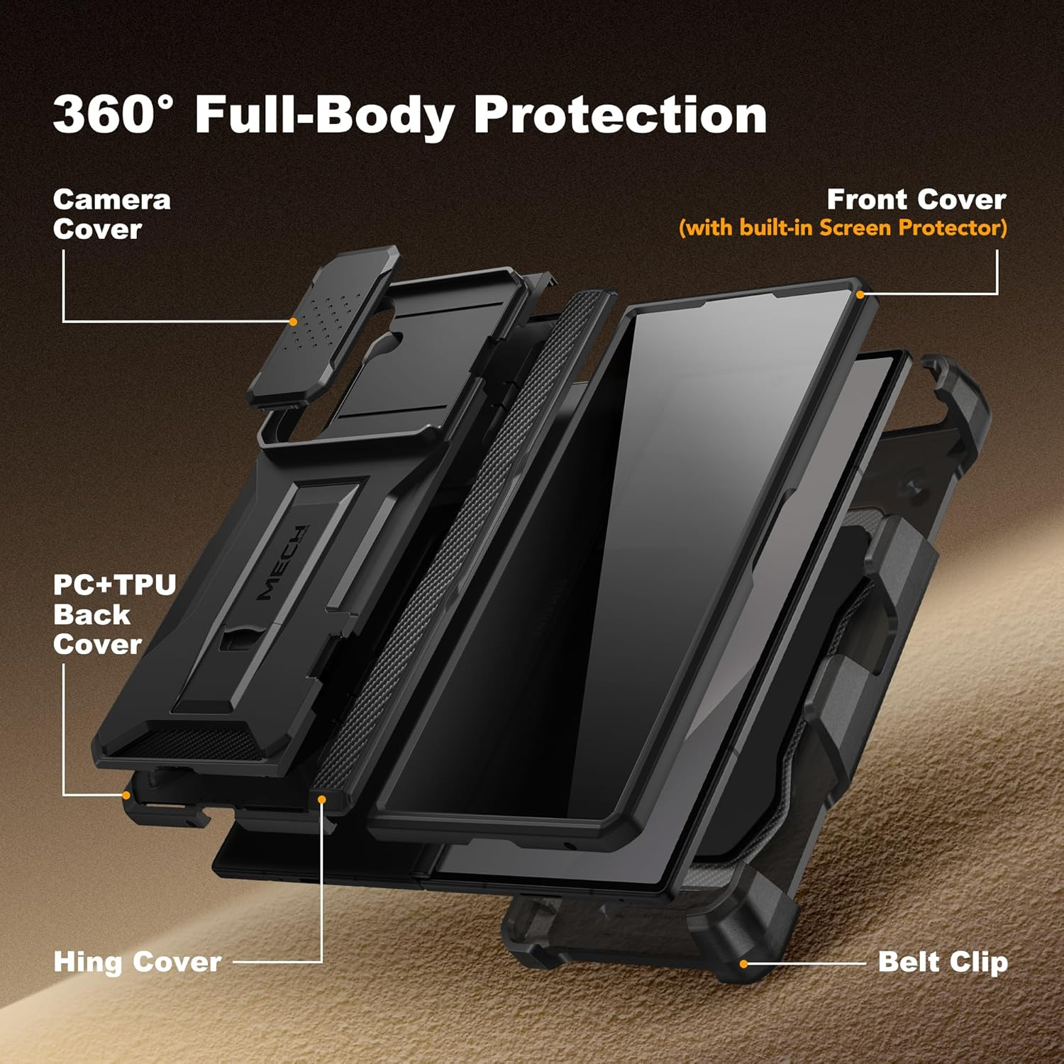 TONGATE for Z Fold 7 Case with Privacy Screen Protector, [Built-In Slide Camera Cover & Stand] [Anti Spy] Military Grade Drop Phone Case for Samsung Galaxy Z Fold 7 with Belt Clip, Black Privacy image number 4