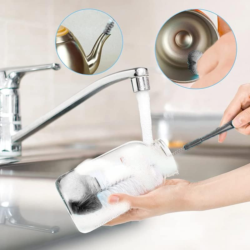 AIMALL 8 Pcs Nylon Straw Brush Set Cleaner Bottle Glass Tube Pipe Small Long Cleaning, Versatile Stainless Steel Wire Nylon Bristles for Deep Cleaning