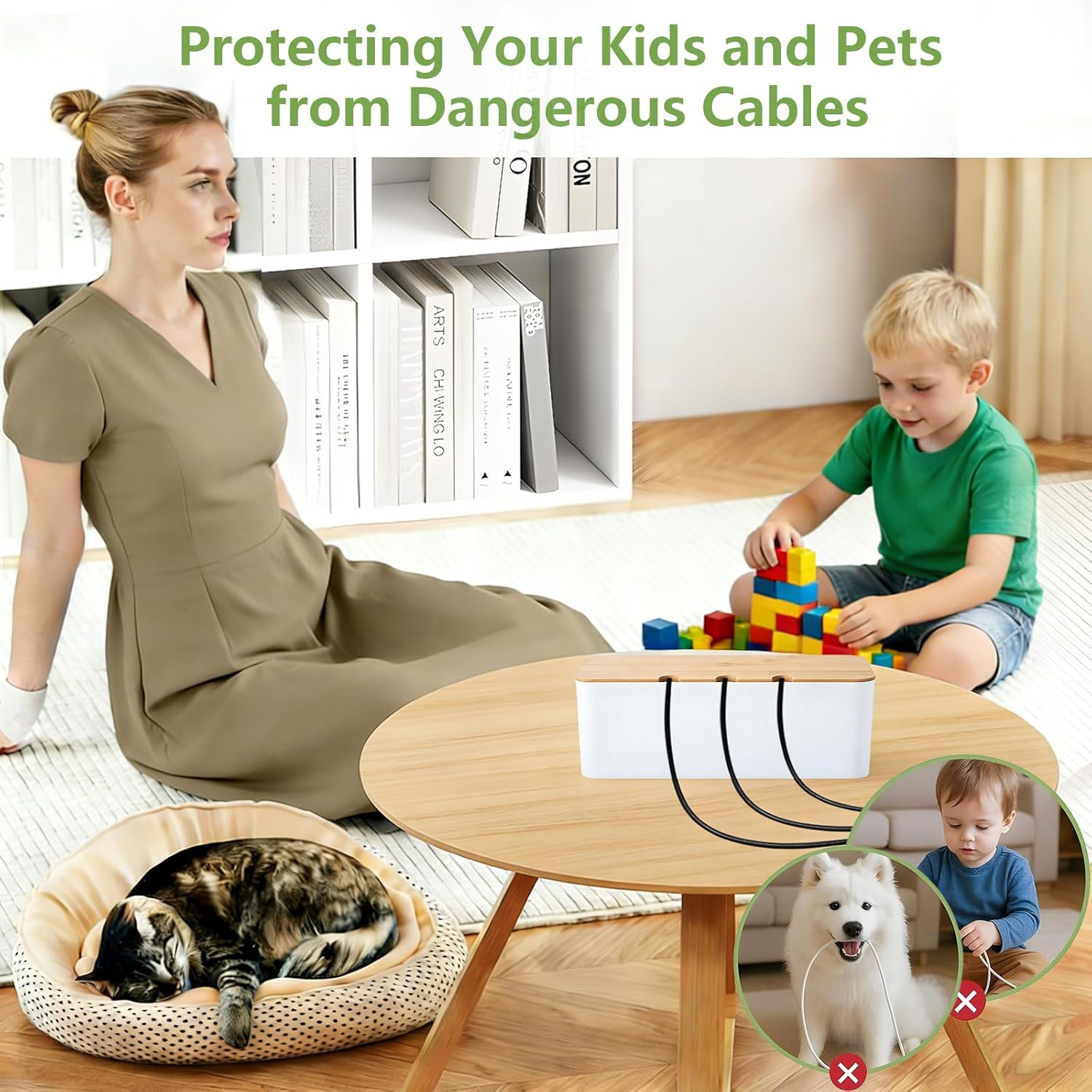 3 Pcs Cable Management Box, Cord Organizer Box with Bamboo Lid & 20 Cable Ties, Safe ABS Material, Wire Organizer for TV, Computer, Router, USB Hub and under Desk Power Strip image number 4