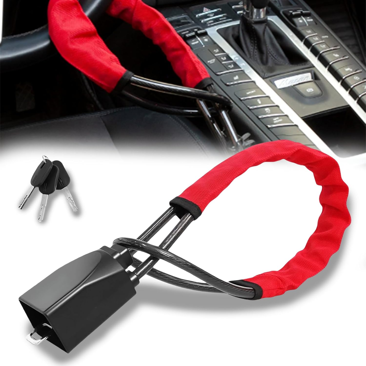 Treayes Steering Wheel Lock with 3 Keys - Universal Fit for Most Vehicles with Seat Belt Buckles, Sturdy Lock for Car, Truck, SUV, Van Security (Red) image number 3