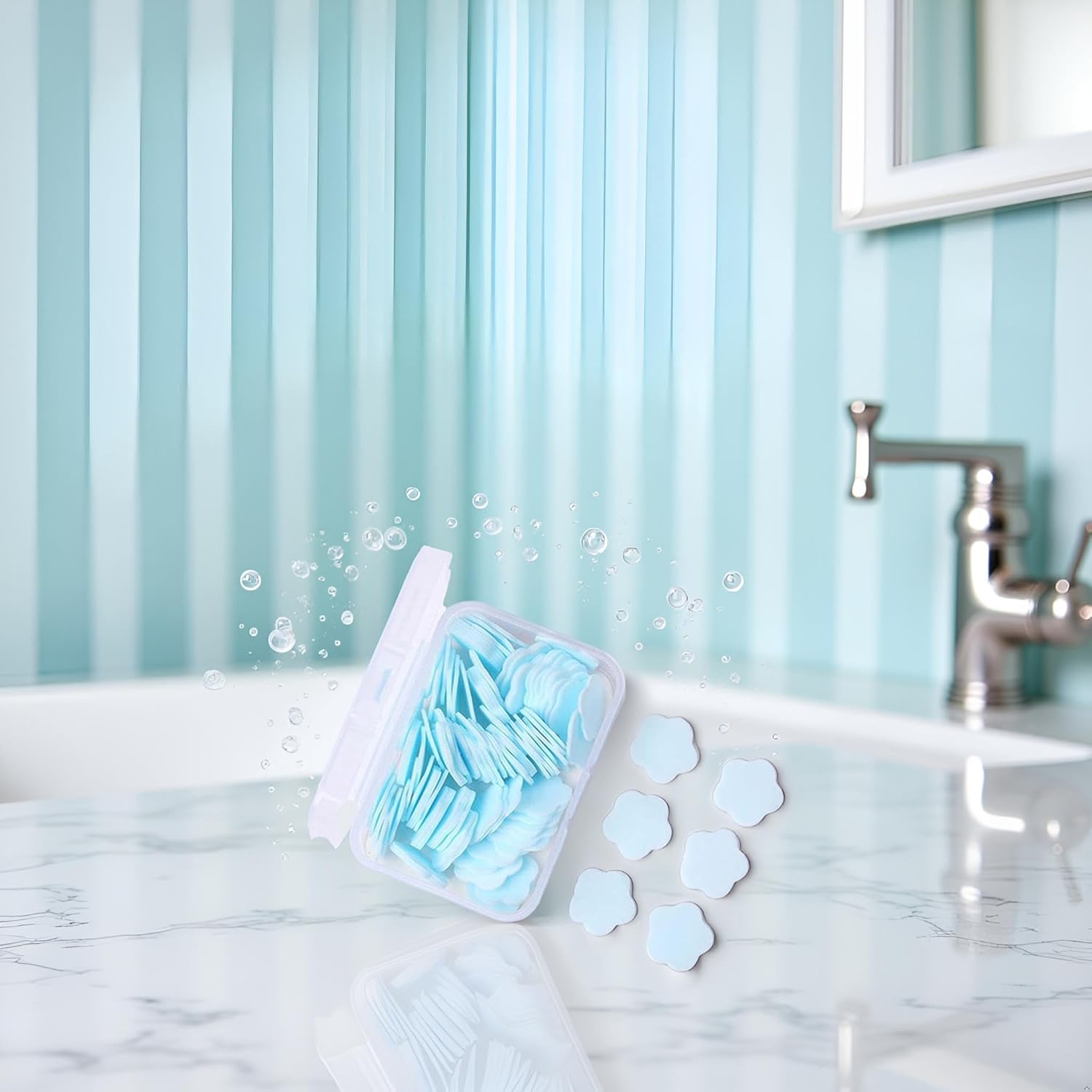 100Pcs Blue Mini Portable Travel Soap Paper Sheets,Flower Shape Disposable Paper Soap Flakes, Cleaning Washing Hand Toiletry Sheets Foot and Hand Care image number 2
