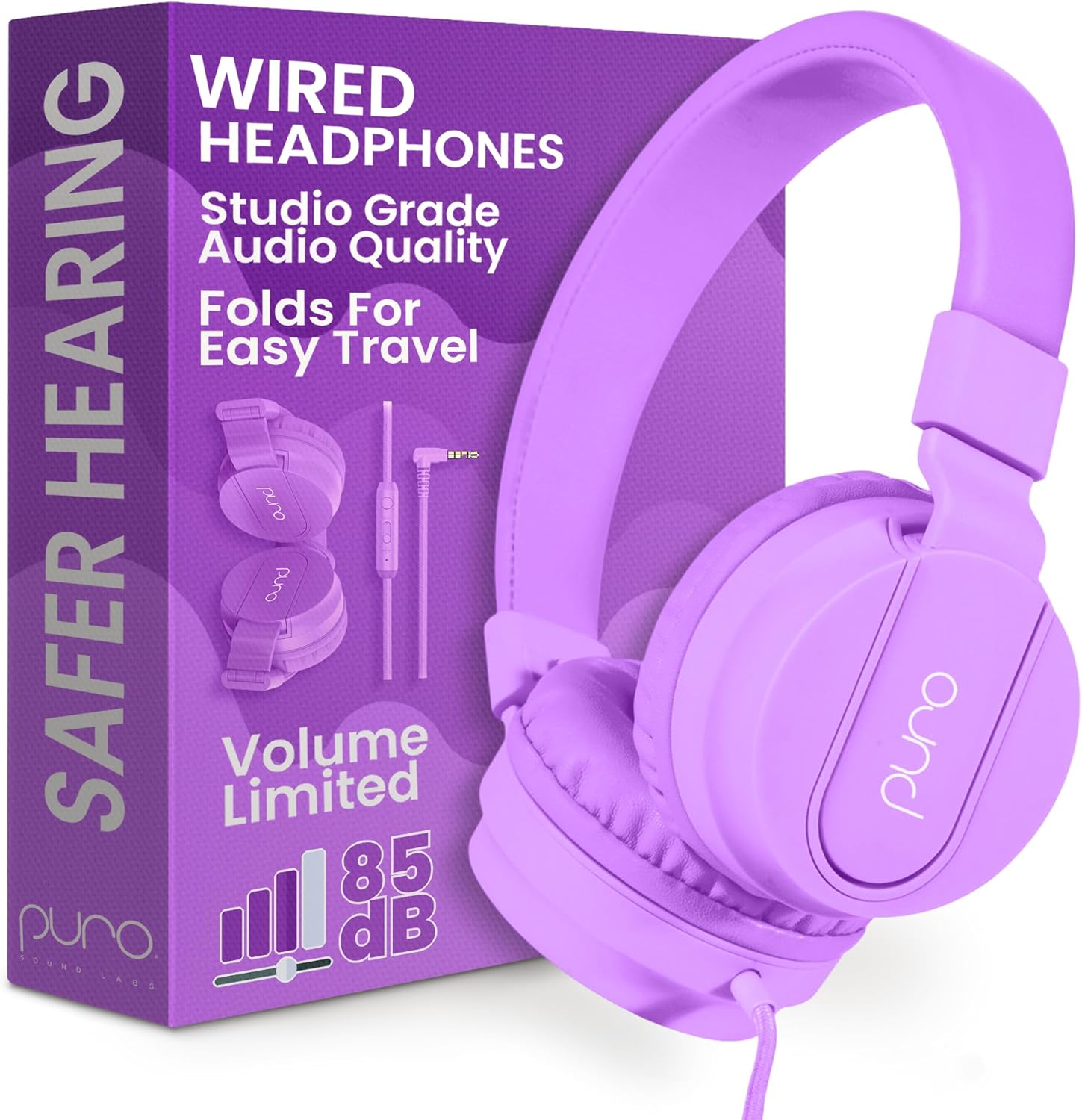 Puro Sound Labs Purobasic Volume Limiting Wired Headphones for Kids, Boys, Girls 2+ Foldable & Adjustable Headband W/Microphone, Compatible with Ipad, Iphone, Android, PC & Mac, Purple image number 2
