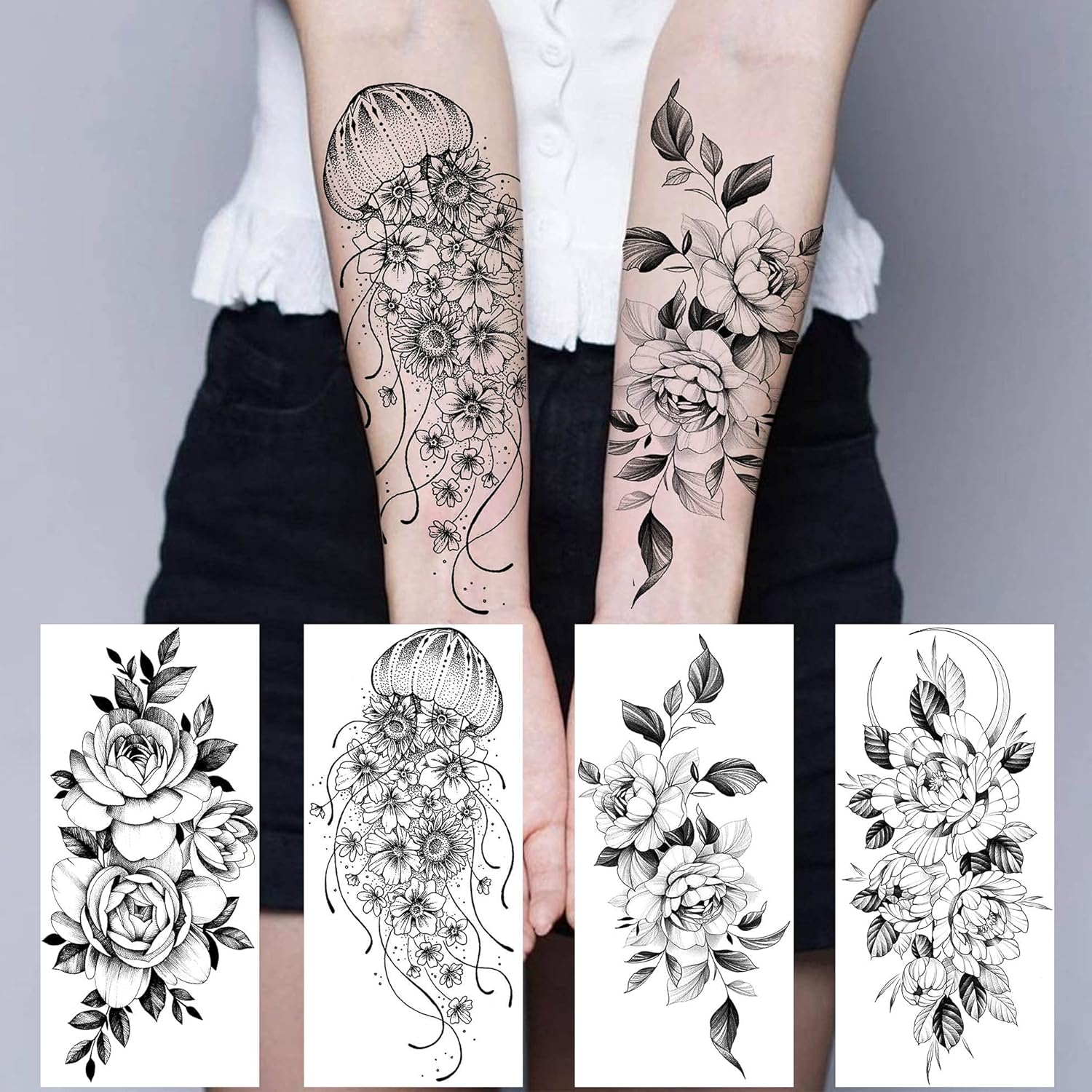 64 Sheets Long Lasting Flower Temporary Fake Tattoos for Women Arm Neck, Jellyfish Sunflower Moon Rose for Adults Girl, 3D Temp Realistic Snake Tatoo Stickers Serpent Peony Floral Kids image number 3