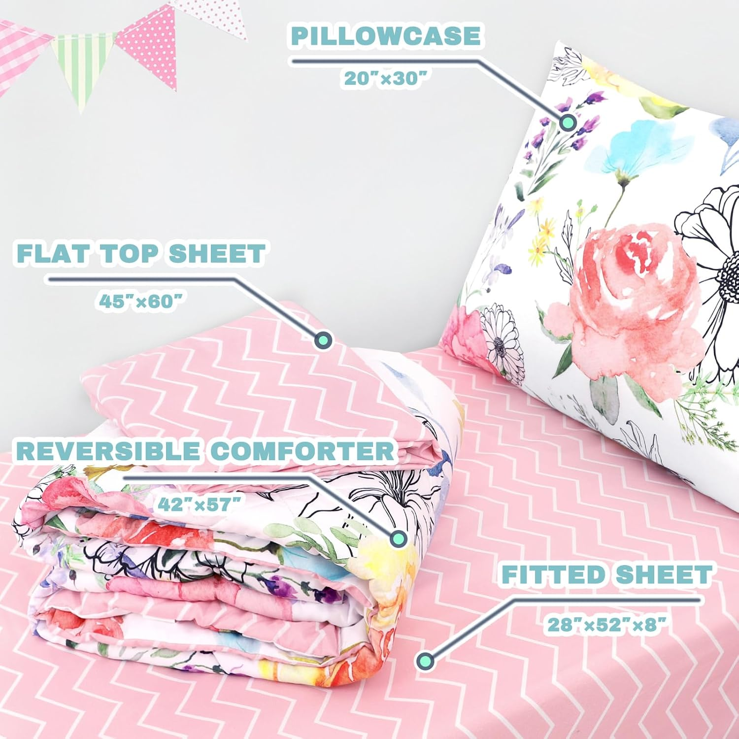 Toddler Bedding Sets for Girls, 4 Piece Soft Crib Bedding Set, Flower Toddler Girl Bed Comforter Set, Includes Watercolor Floral Series Comforter, Fitted Sheet, Flat Sheet and Pillowcase image number 5