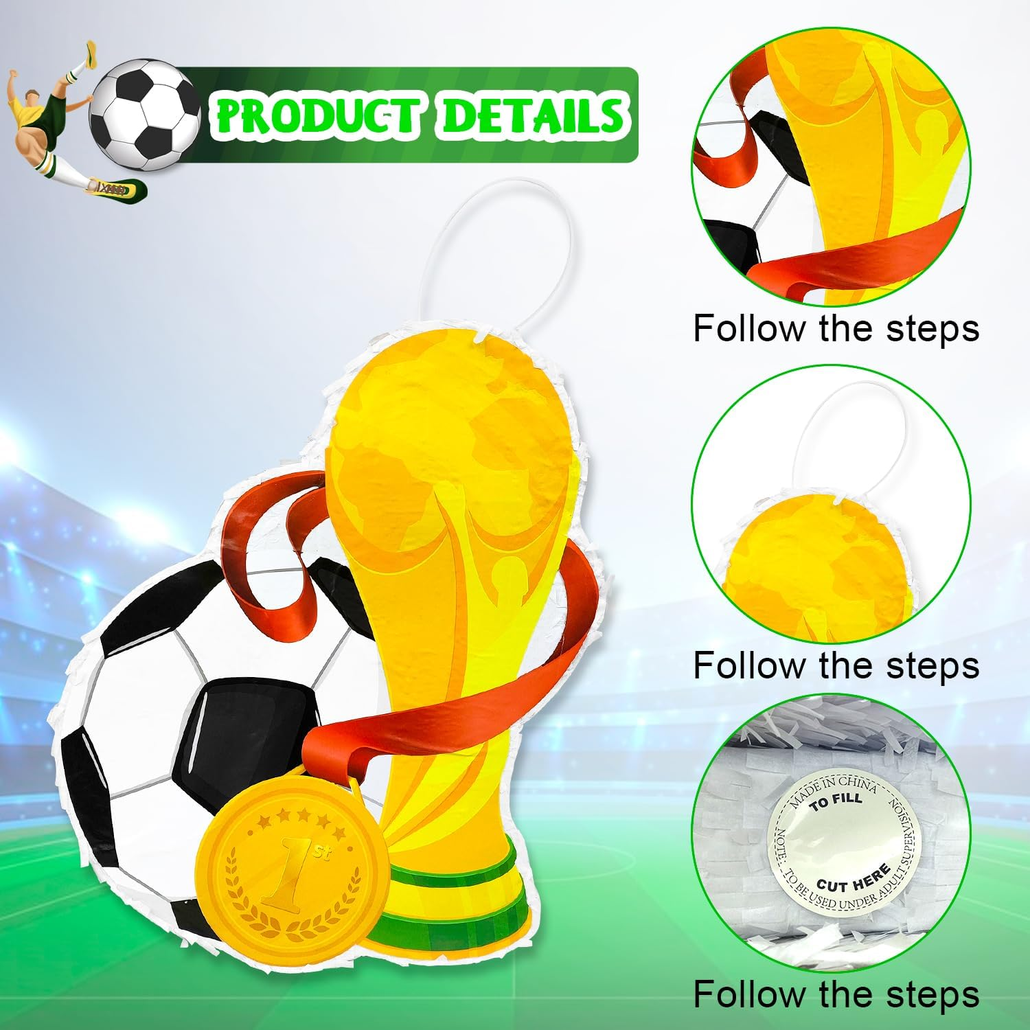 Soccer Ball Pinata, 4 Pcs Soccer Pinatas Bundle - 15.1'' Soccer Theme Pi&ntilde;ata, Soccer Party Pinata Stick & Soccer Party Games Blindfold Etc Sports Supplies image number 5