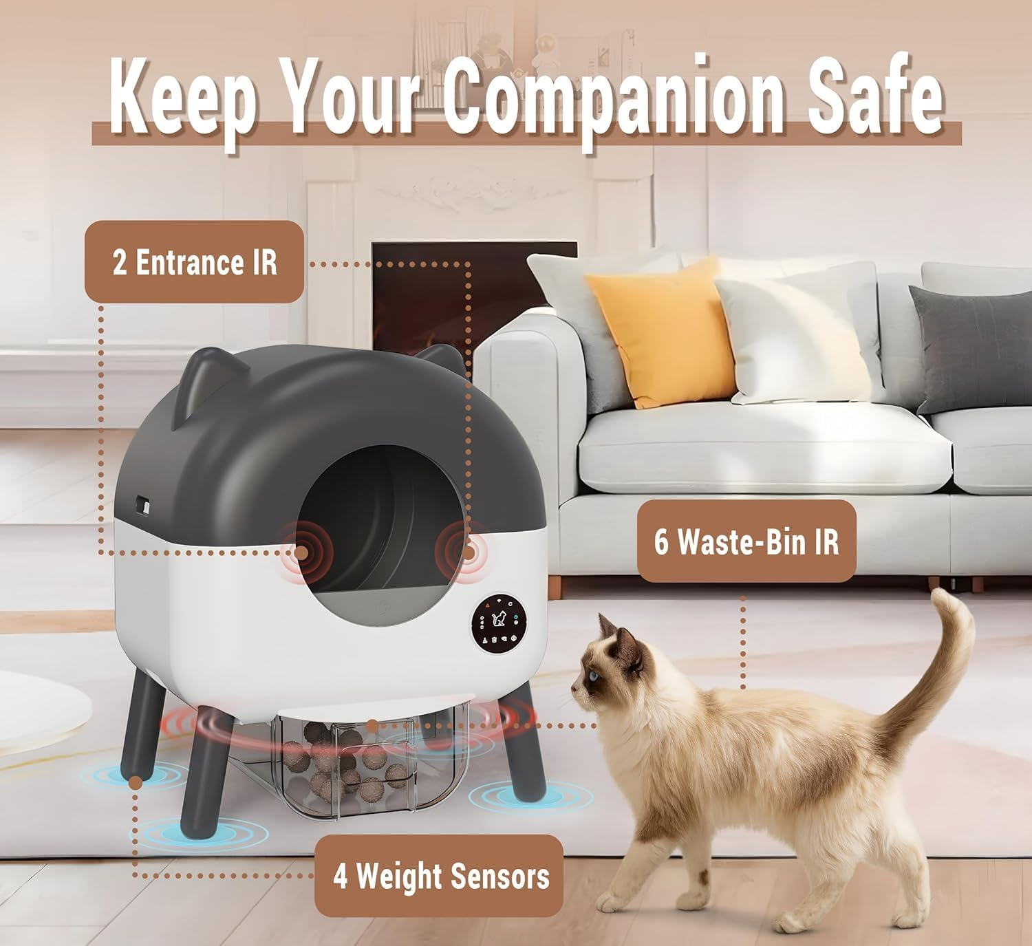 MINYII Self Cleaning Cat Litter Box with Mat & Baffle Plate, 76L+13L Large Capacity, Smart Automatic Cat Litter Box for Multiple Cats, APP Control/Low Noise/Safety Protection (Purple) image number 3