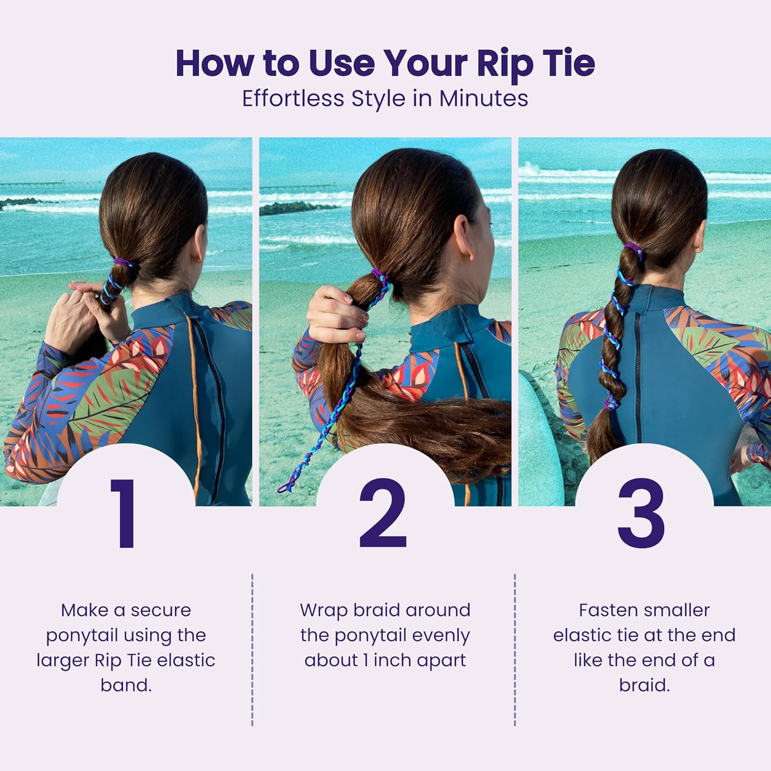 Rip Tie 24" X 2.5Mm Soft Hair Tie for Women, 3 Pack Neutrals &ndash; Tangle Free Ponytail Holders &ndash; Prevents Hair Damage &ndash; Ideal for Activities like Surfing, Exercising, Running, and More image number 5