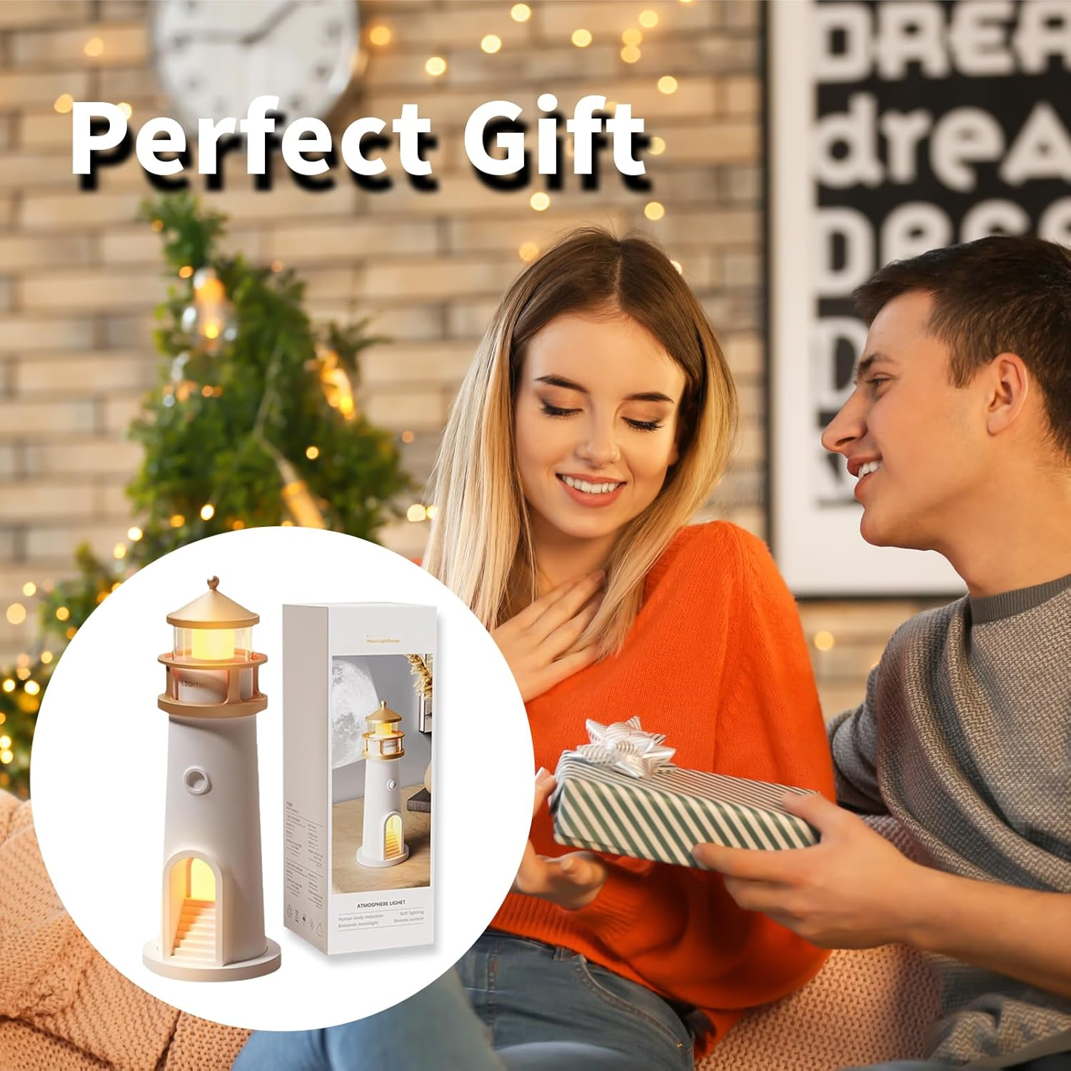 Lighthouse Projection Night Light, Moon Lamp Projector, Rechargeable Night Light for Living Room, Bedroom (Remote Control)