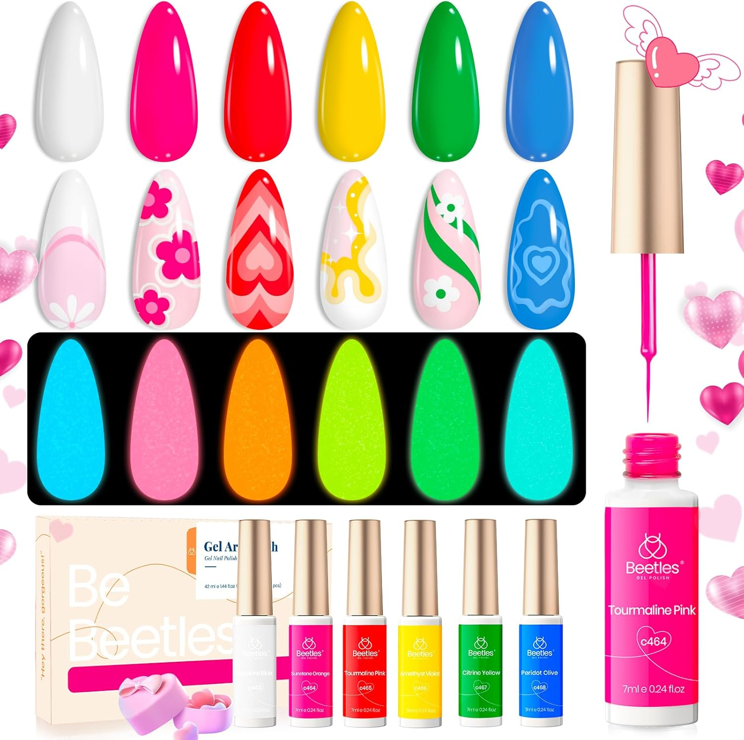 Beetles Gel Polish Gel Polish Neon Glow in the Dark Gel Liner Nail Polish - 6 Colors Luminous Green Blue Hot Pink Liner Nail Art Gel Soak off Led Nail Lamp Fluorescent Bright Glows Pink image number 2