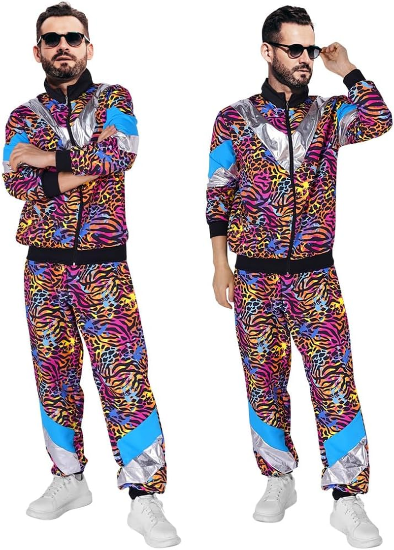 AUTOWT 70S 80S Shell Suit with Leopard Pattern, Women Men Lightweight Long Sleeve Zippered Jacket Pant Set, Color Block Retro Disco Sportswear Hip Hop Tracksuit for Rock Festivals Carnival Party image number 3