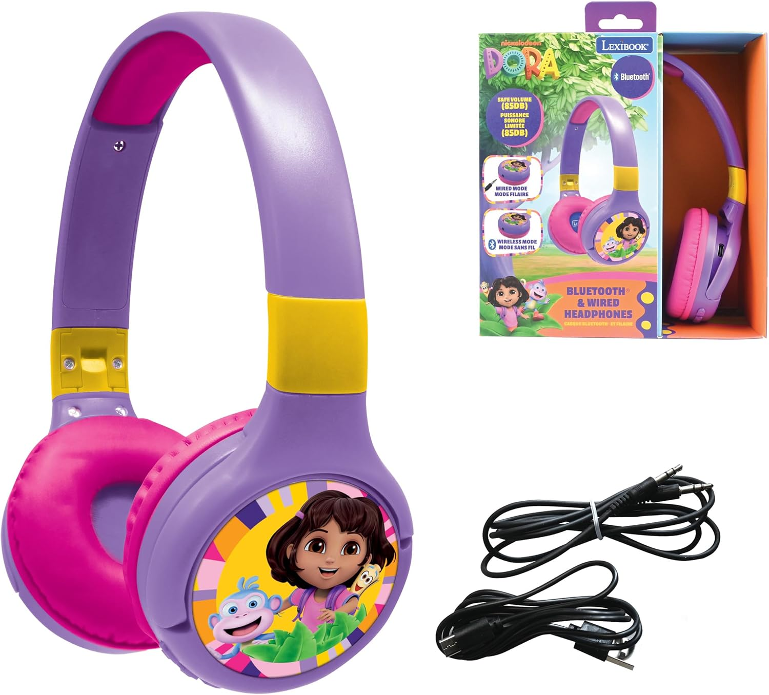 LEXIBOOK, Dora the Explorer, 2-In-1 Bluetooth & Wired Headphones with Microphone and Control Button, Foldable and Adjustable, Long-Lasting Rechargeable Battery, HPBT010DORLXB