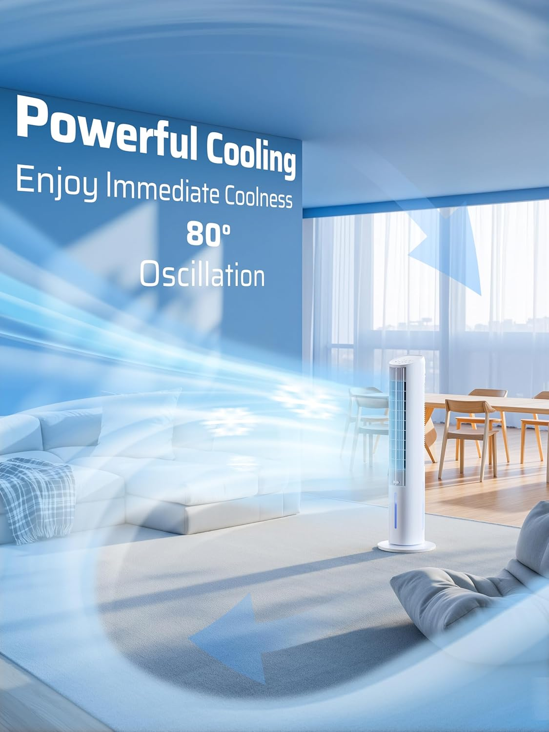 Shanghigh Tower Fan Cooling - Bladeless Tower Fans & Air Cooler with 3L Water Tank & Remote for Room Bedroom Home Office, 80&deg; Oscillating Standing Floor Fan with 3 Speeds, 4 Modes, 12H Timer (White) image number 4