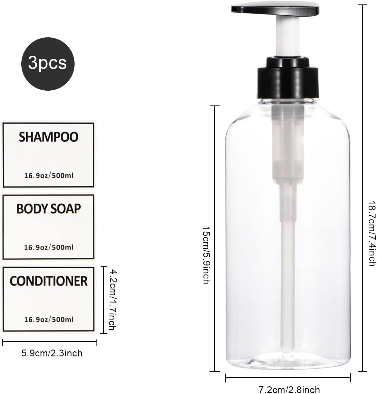 Yeeco Shampoo Pump Bottle, Clear Shampoo Bottles Dispenser with Waterproof Labels 16.9Oz/500Ml 3 Pack Refillable for Shampoo and Conditioner，Bathroom, Kitchen, Hotel image number 6