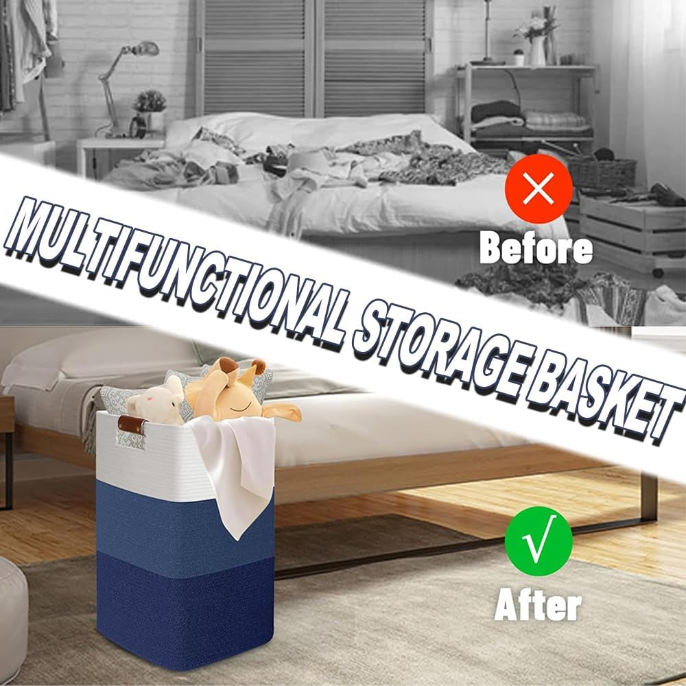 Laundry Basket, Large Laundry Basket, Decorative Cotton Rope Woven Basket, Cotton Woven Storage Basket with Leather Handles for Living Room, Bedroom, Blankets, Clothes (White Blue) image number 3