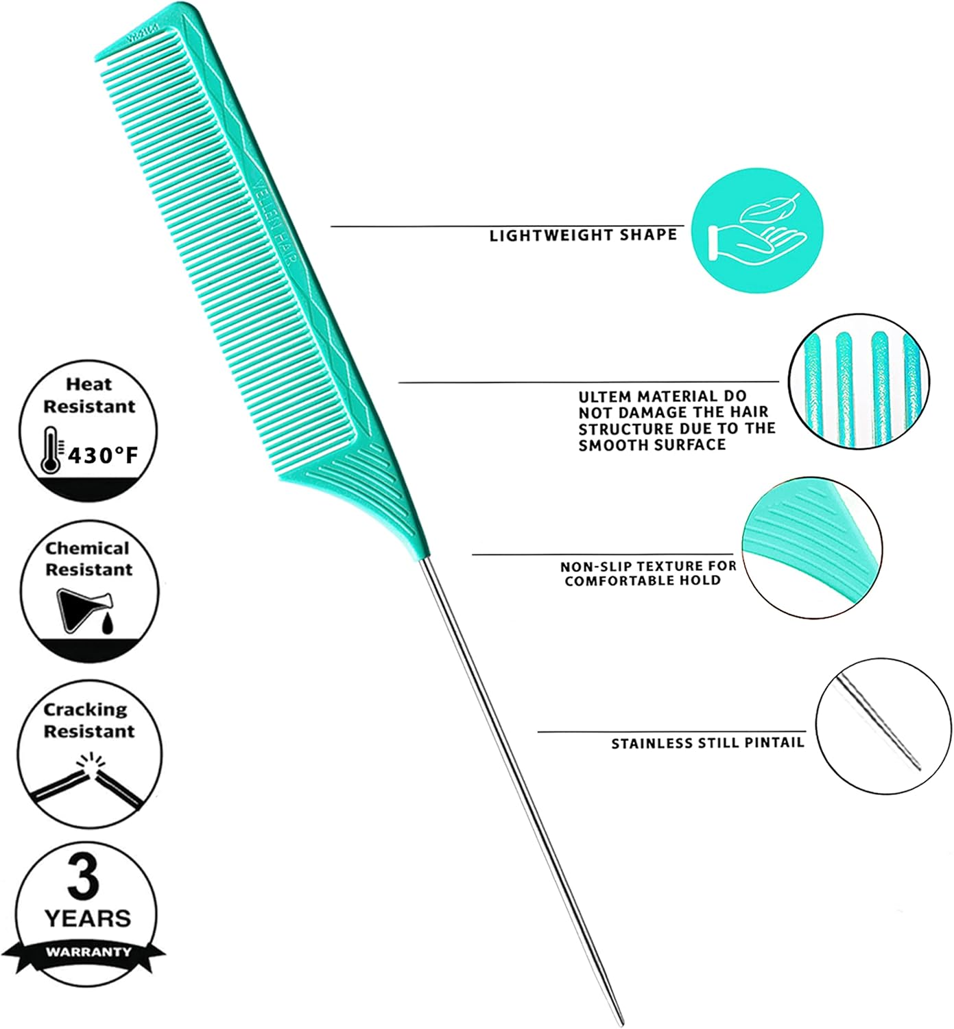 Vellen Hair Professional 9 Inch Rat Tail Combs for Hair Stylists, PEI Material 430&deg;F Heat Resistant and Antistatic, Styling and Highlighting,3 Pack (Mint) - Mint image number 3