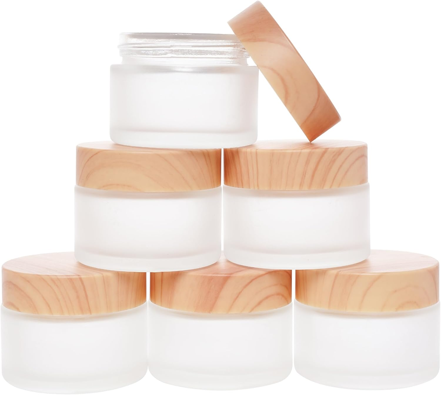 6Pcs Glass Cosmetic Containers with Wood Grain Lid Refillable Cosmetic Jar Frosted Glass Cream Container with Leak-Proof Lid Empty Makeup Jar for Lotions,Creams,Scrub Cream,Home,Travel(30Ml)