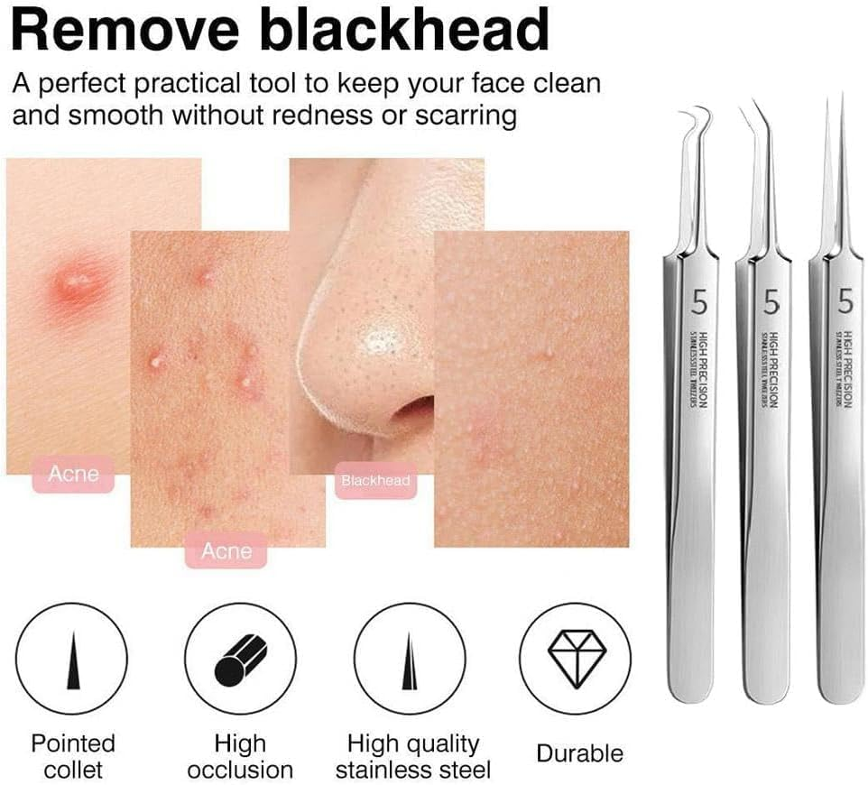 3Pcs Professional Blackhead Tweezer Professional Facial Blackhead Remover Tweezers Precision Extractor Acne Removal Kit Pimple Popper Tool with Storage Box image number 1
