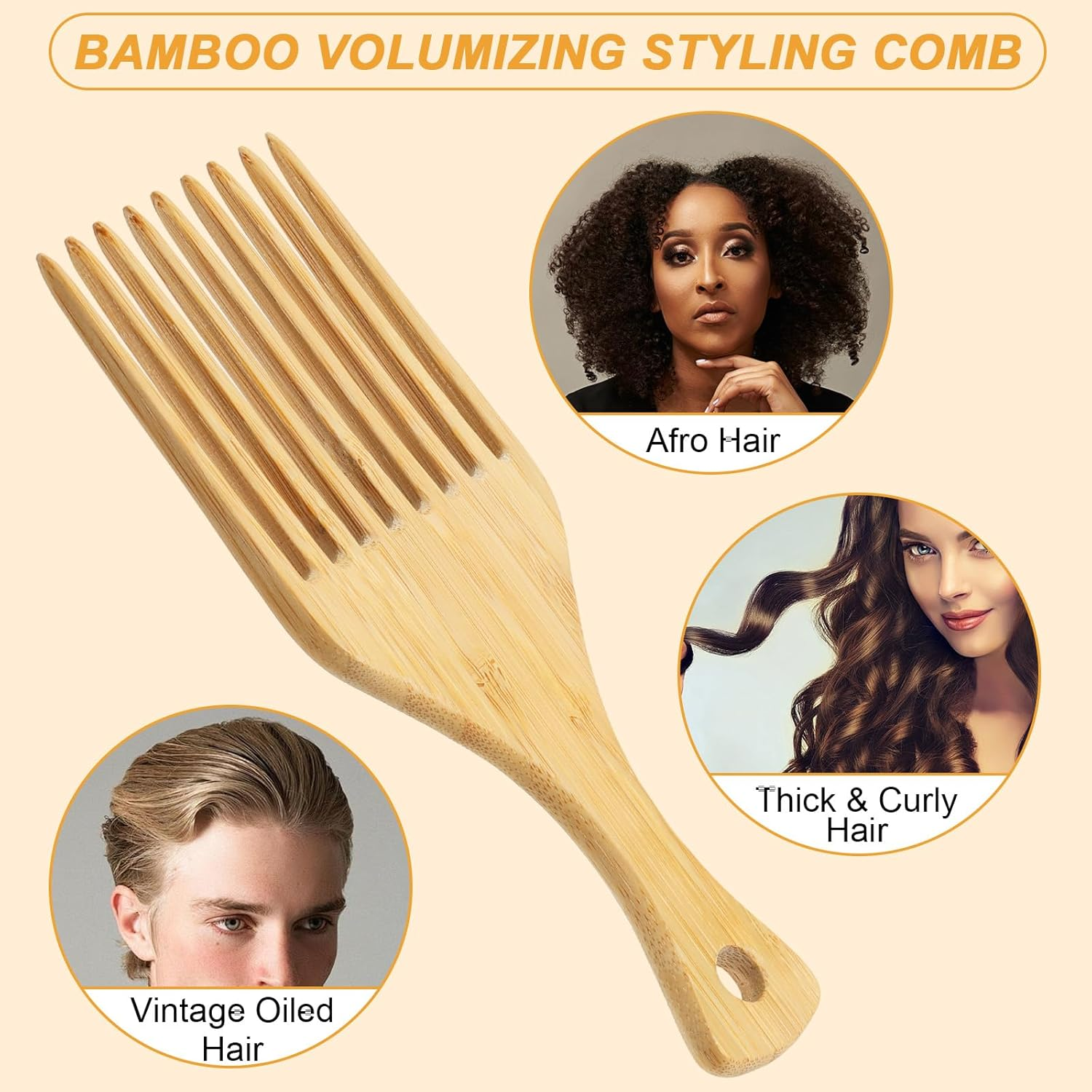 Bamboo Hair Pick for Afro Wide Tooth Hair Detangling Comb for Curly Styling Women Men image number 1