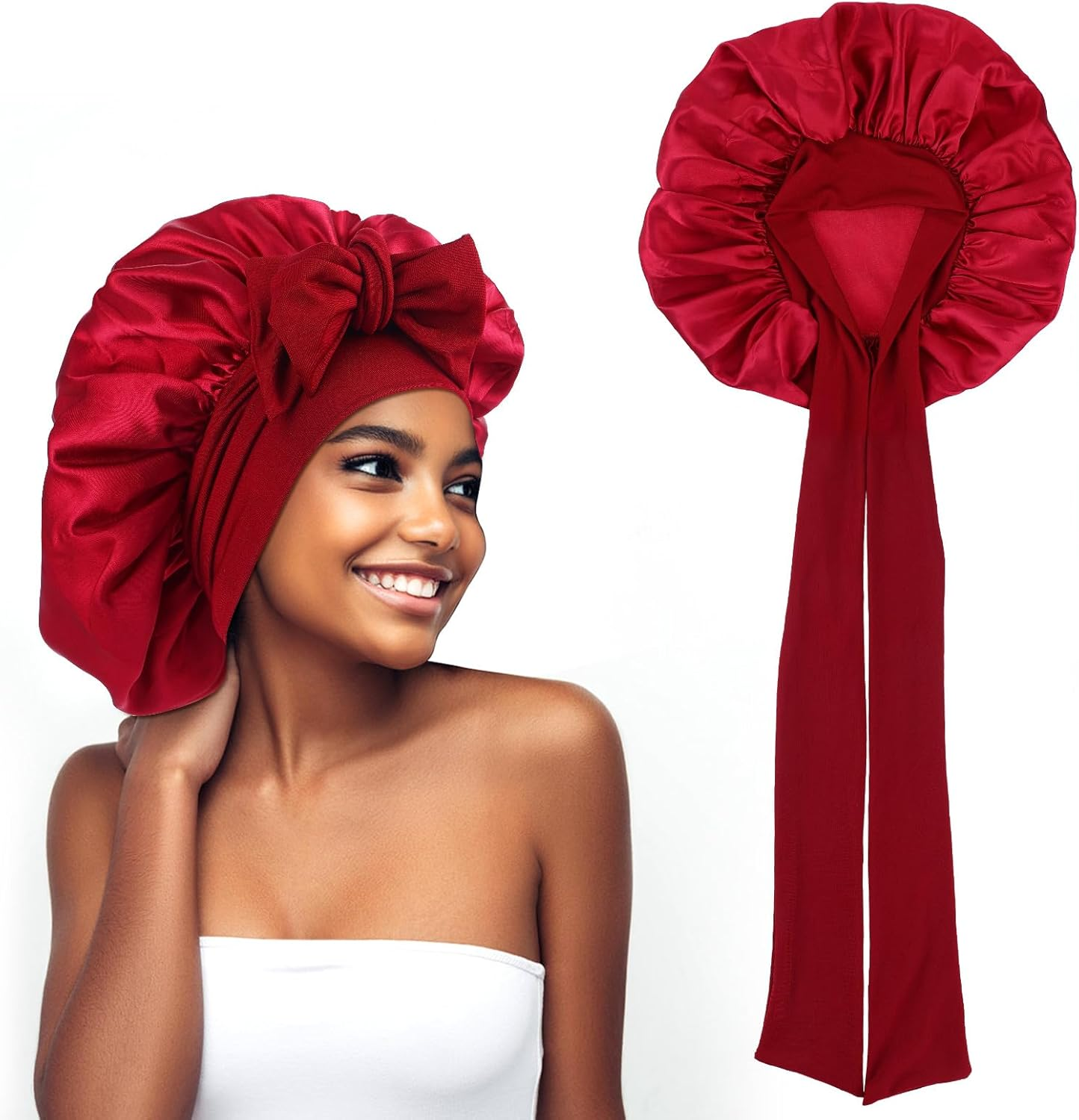 Abeillo Silk Sleep Bonnets for Women, 1PC Adjustable Satin Night Sleeping Cap Soft Elastic Band Silk Bonnets for Sleeping, Hair Bonnet with Tie Band for Curly Hair Braid Women (Wine Red) - Champagne image number 2