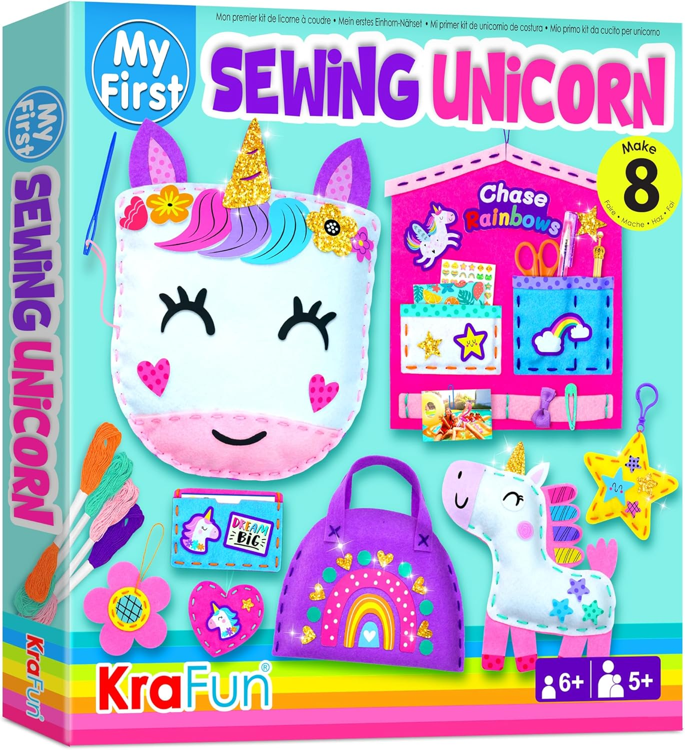 KRAFUN My First Unicorn Kids Sewing Kit, Beginner Arts & Crafts, Make 5 Cute Projects with Plush Stuffed Animal, Pillow, Mobile, Keyring and Bag, Instructions & Felt for Learn Sewing, Embroidery image number 5