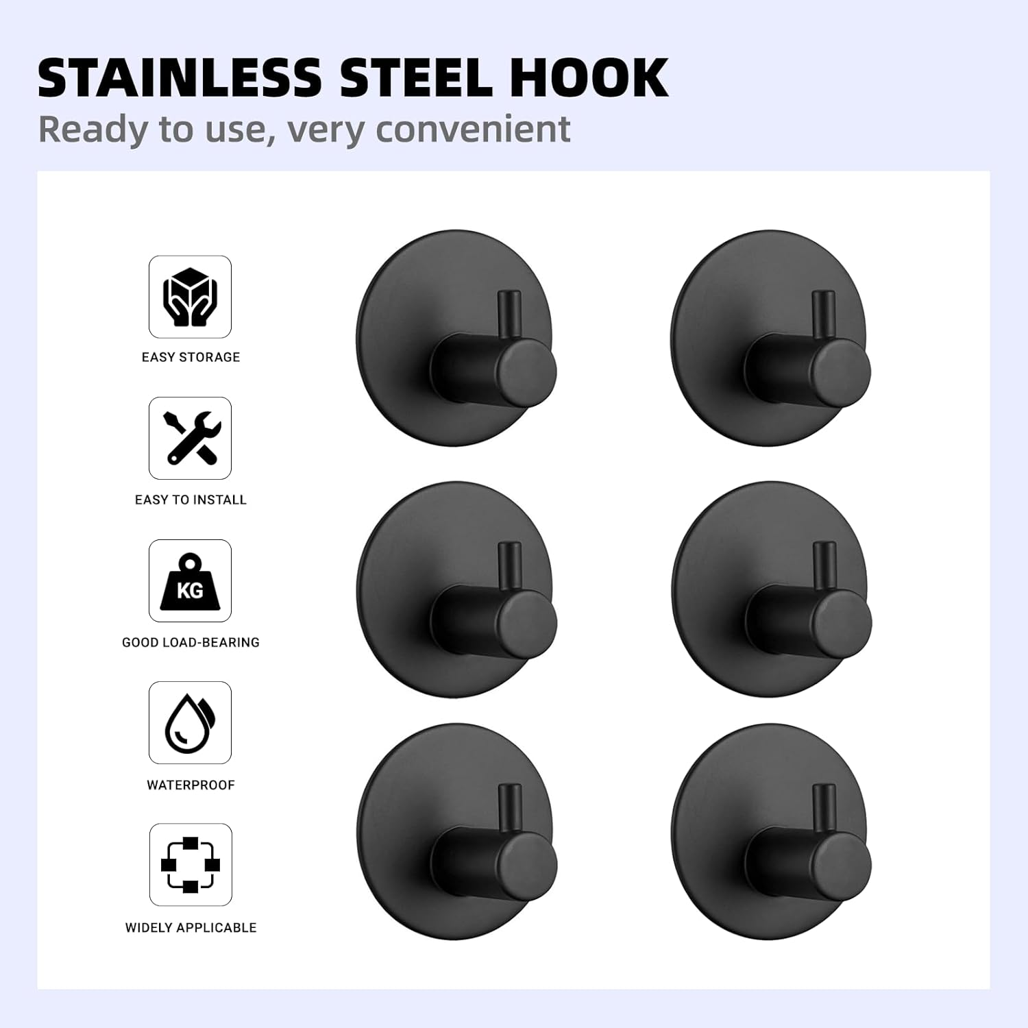 6 Pcs Wall Hook Stainless Steel Adhesive Hooks for Bathroom, Office, Home, Coat Hooks, Towel Hook, No Drill (Black) image number 5
