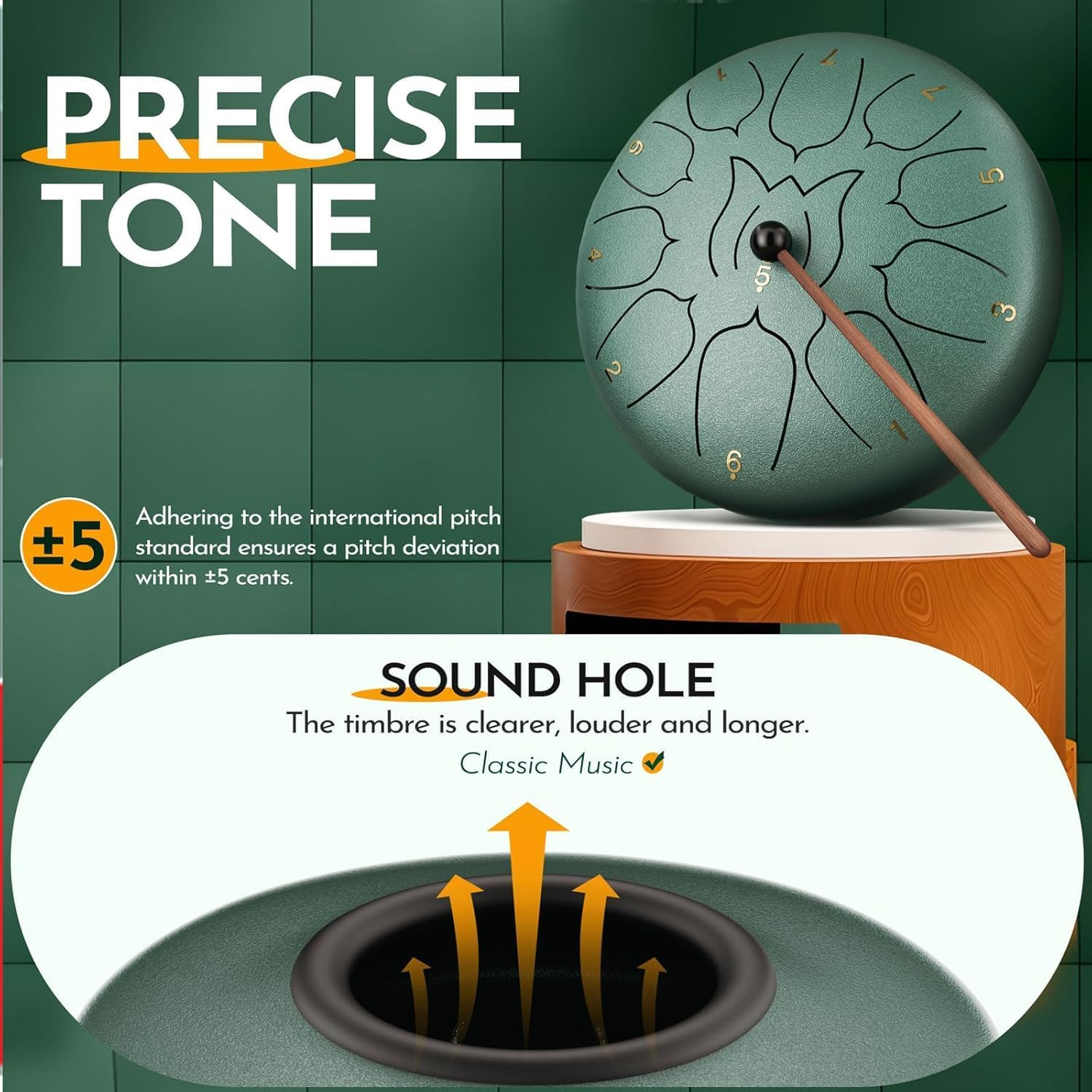 Steel Tongue Drum, Rain Drum with Bag, Handpan Drum Musical Instruments with Music Book, Drums Mallets, Mallet Holder, Finger Picks, Tongue Drum for Adult, Kids, 11 Notes 6 Inches (Deepgreen) image number 4