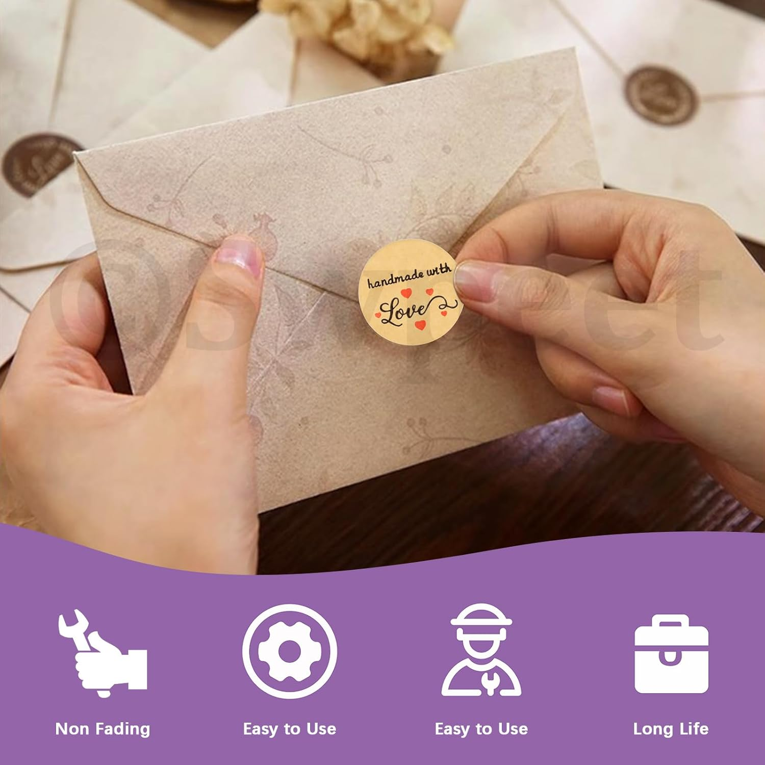 Swpeet 2240Pcs 1 Inch 4 Rolls Brown Kraft Love Stickers Printing in 5 Styles 500 per Roll & 2 Rolls Thank Stickers 120 per Roll Assortment Kit, Waterproof and Self-Adhesive Stickers (In Total 6 Rolls) image number 2