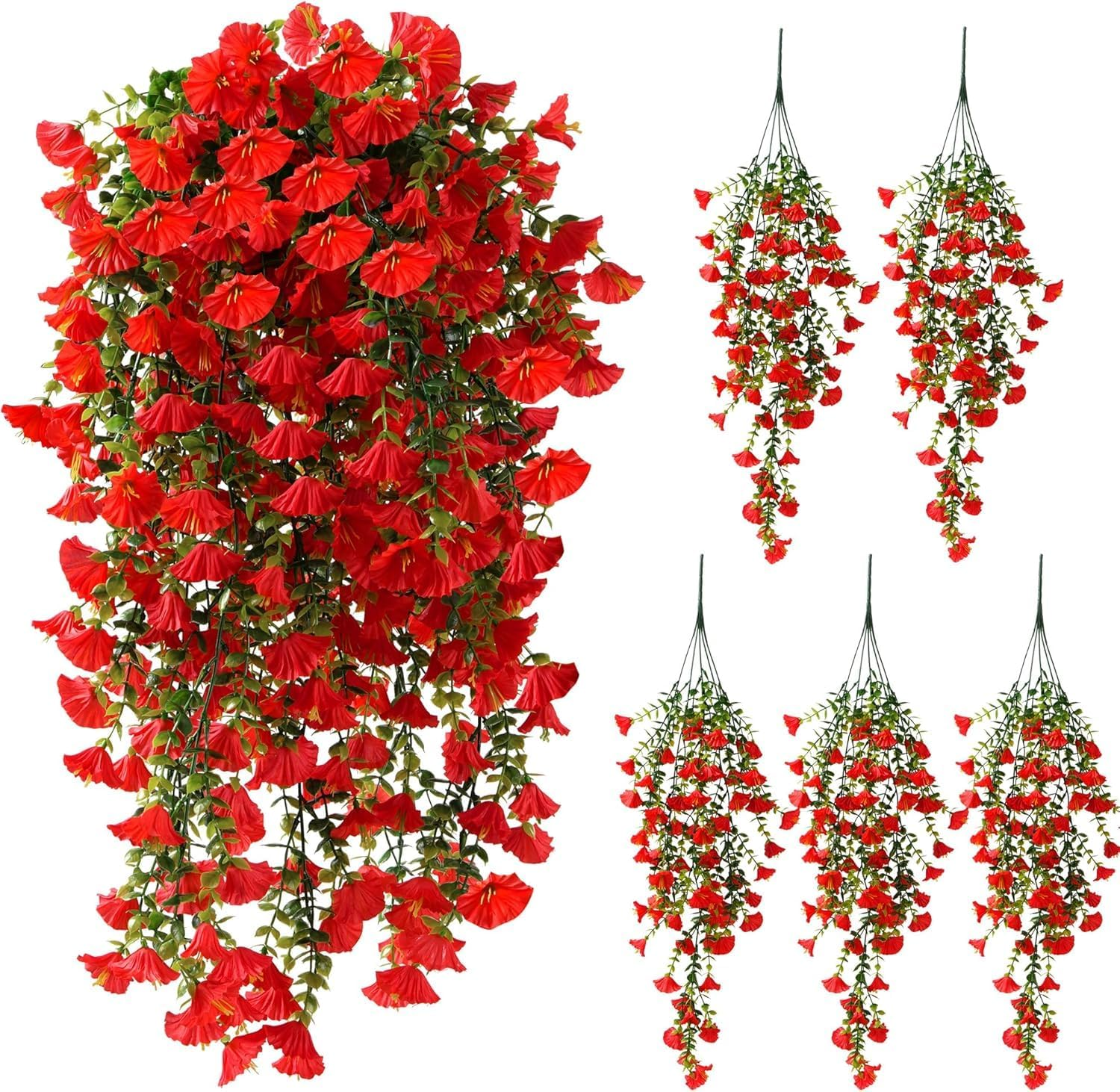 Artificial Hanging Flowers for Outdoors, 5Pcs UV Resistant Faux Petunias, Realistic Fake Silk Long Vines Morning Glory Eucalyptus for outside Indoor Planter Porch Patio Home Decor (Purple)