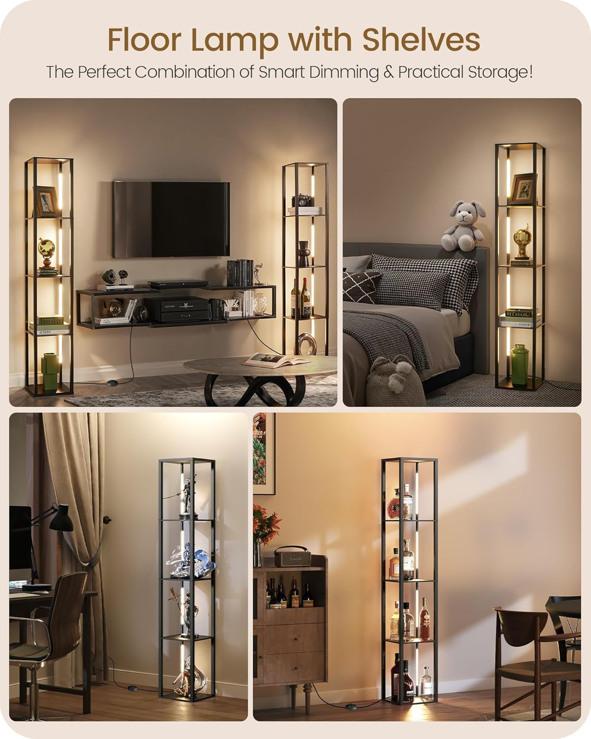 LED Floor Lamp with Shelves, Modern Corner Shelf with Light, LED Floor Lamp with Remote for Living Room, Stepless Dimmable Standing Tall Light for Bedroom, Office image number 3