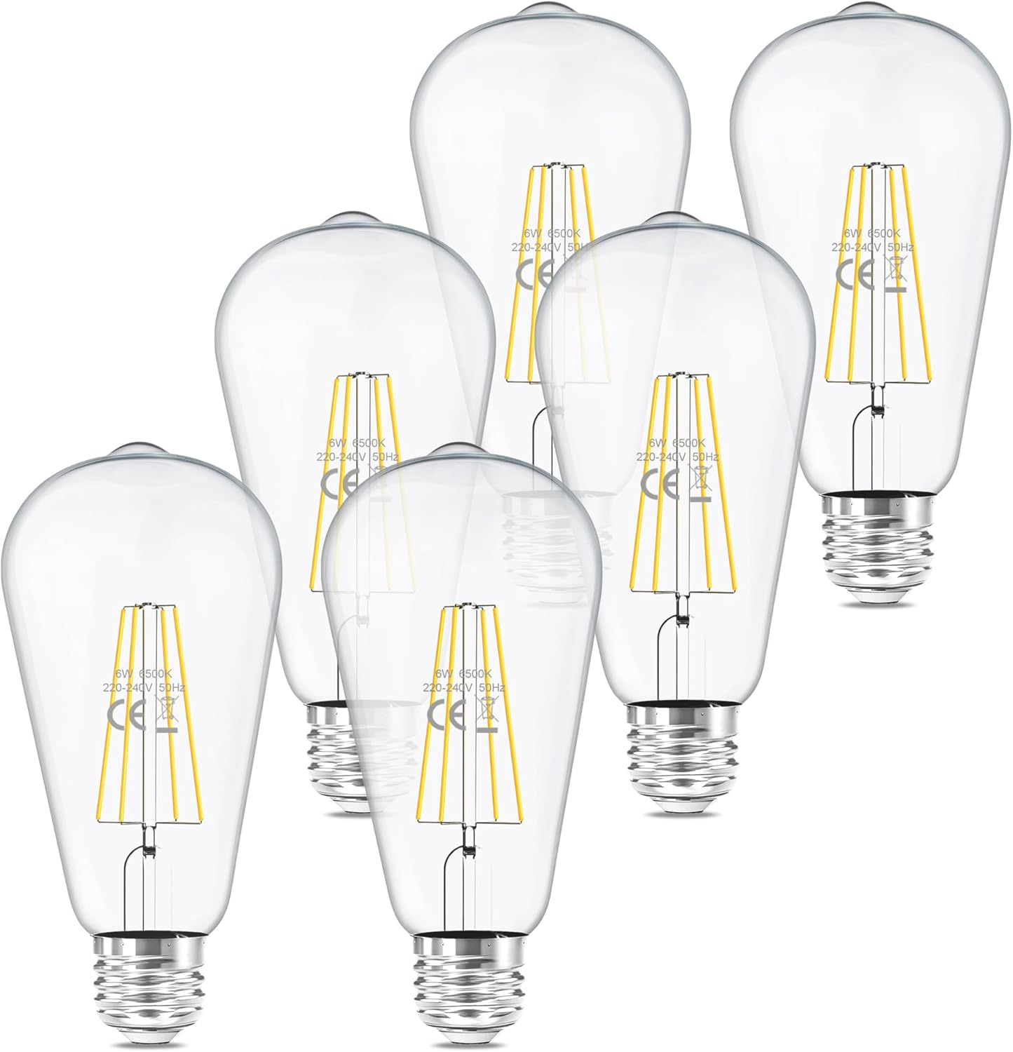 FTL E27 Vintage Edison Light Bulb 6500K Cool White,St64 6W E27 Filament Edison Screw Bulb 60W Halogen Equivalent,650Lm Antique Style LED Filament Bulbs,Non-Dimmable,Pack of 6