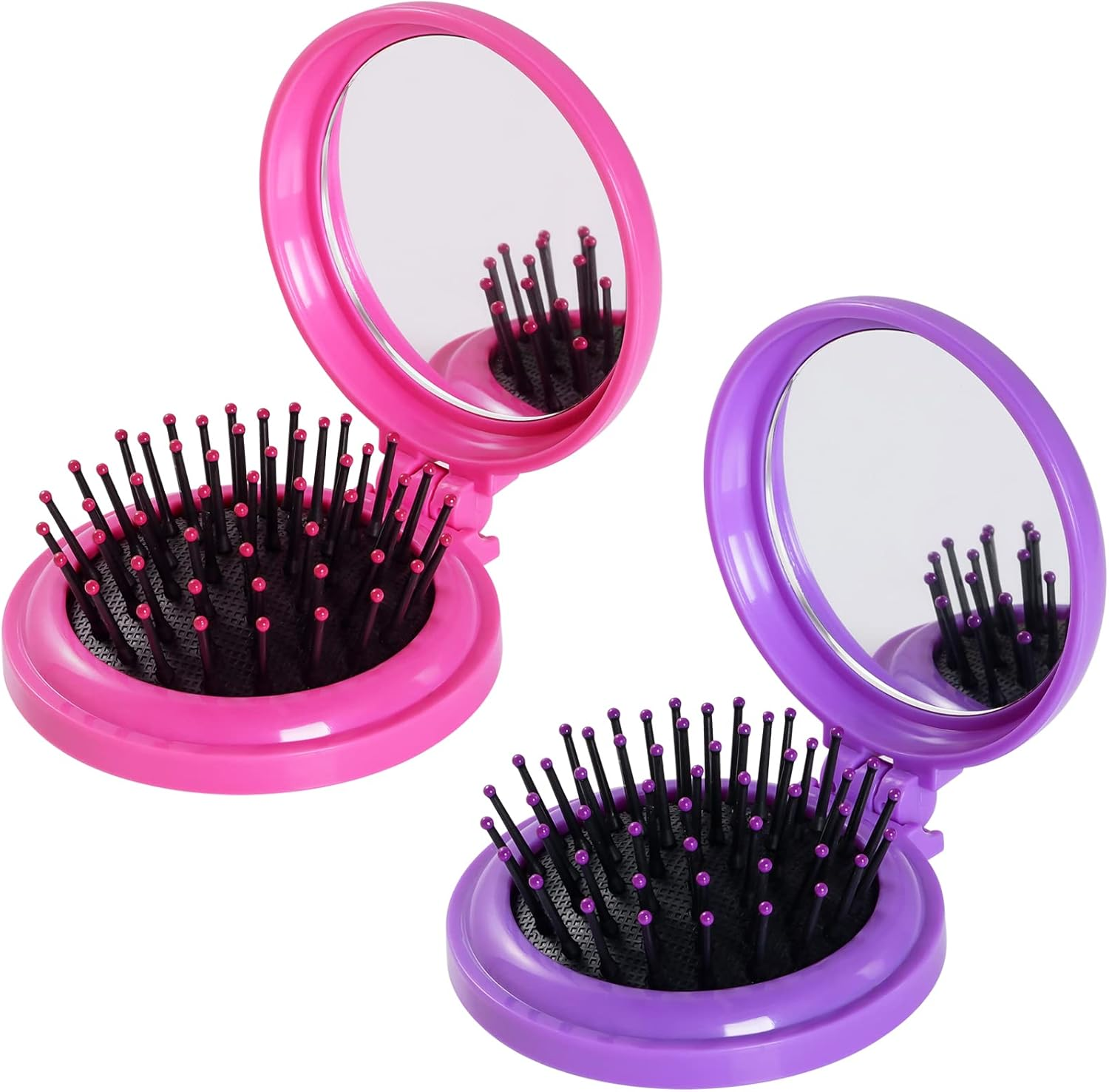 2Pcs Folding Travel Mirror Hair Brushes round Mirror Pocket Hair Brush Portable Mini Pop up Hair Brushes for Women Girls Wet and Dry Hair (Black)