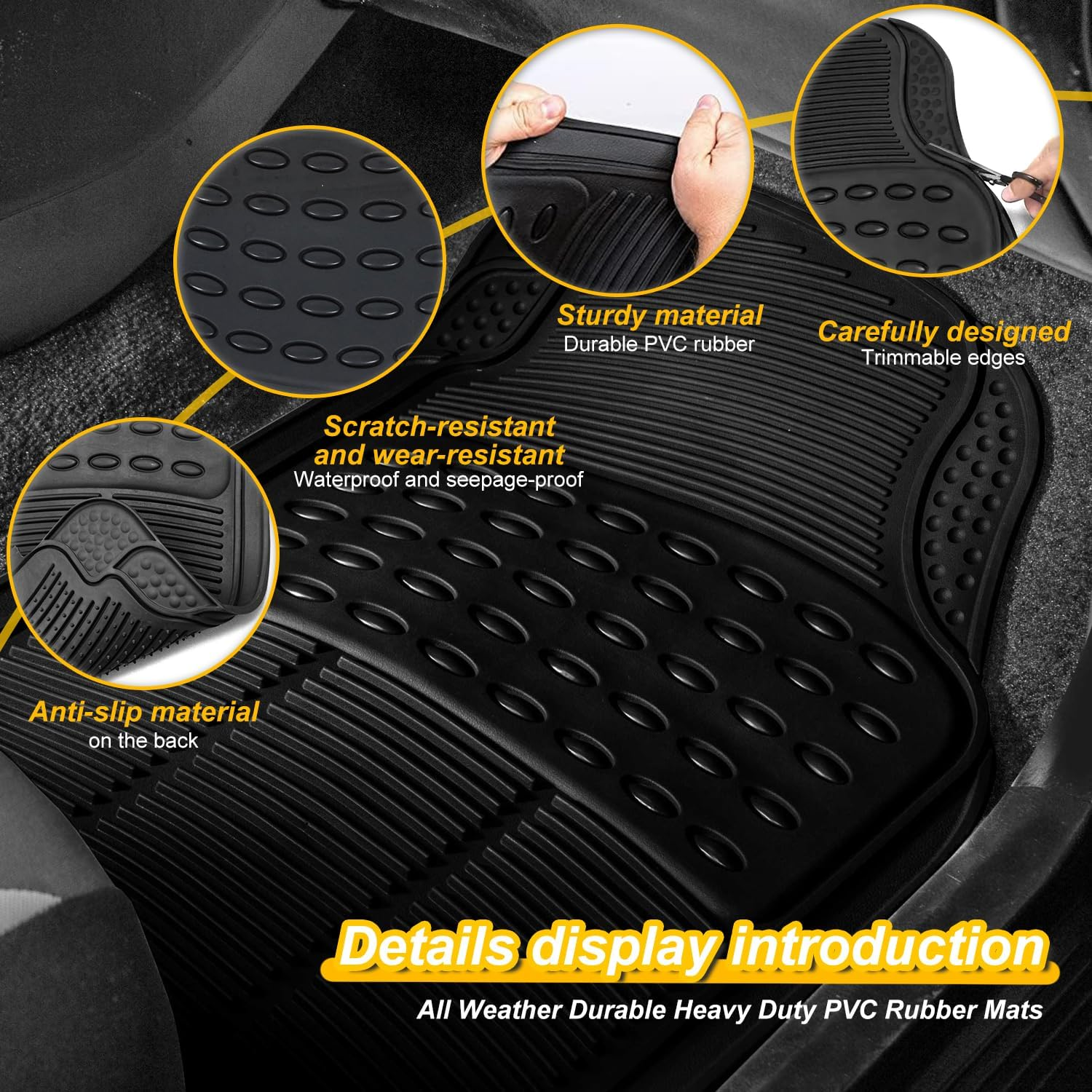 Automotive Floor Mats，4 PCS Heavy Duty Car Mats, Universal Car Mats Rubber Fit Full Set, All Weather Climaproof & Trimmable Rubber Floor Mats for Most Sedan, SUV, Truck image number 3